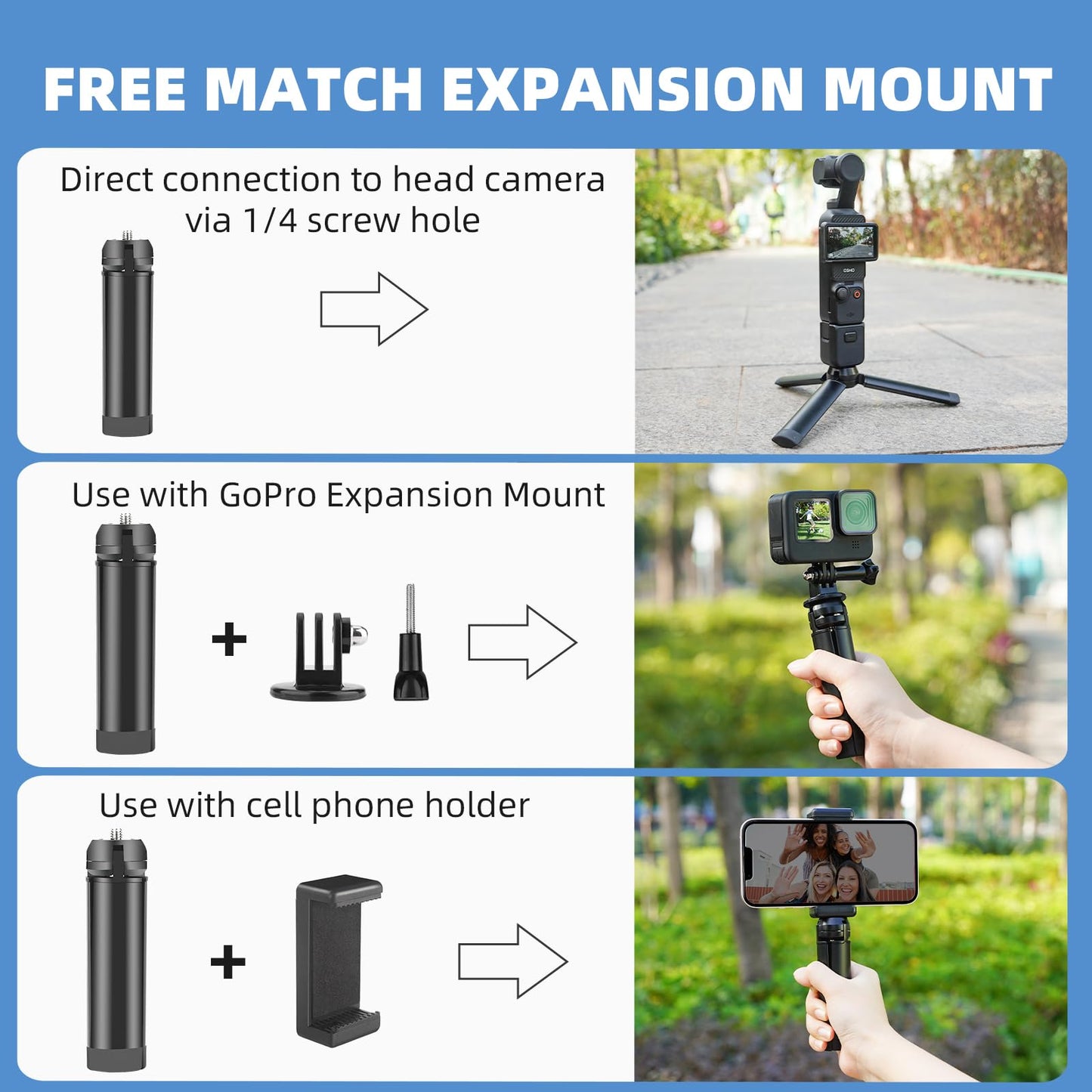 HeiyRC Mini Vlog Tripod for DJI Pocket 3 OM Osmo Mobile 7P 6, for GoPro 13 Max Hero, for Insta360 X5 X3 X4, for DJI Action 5 Pro Smooth Hohem Feiyu