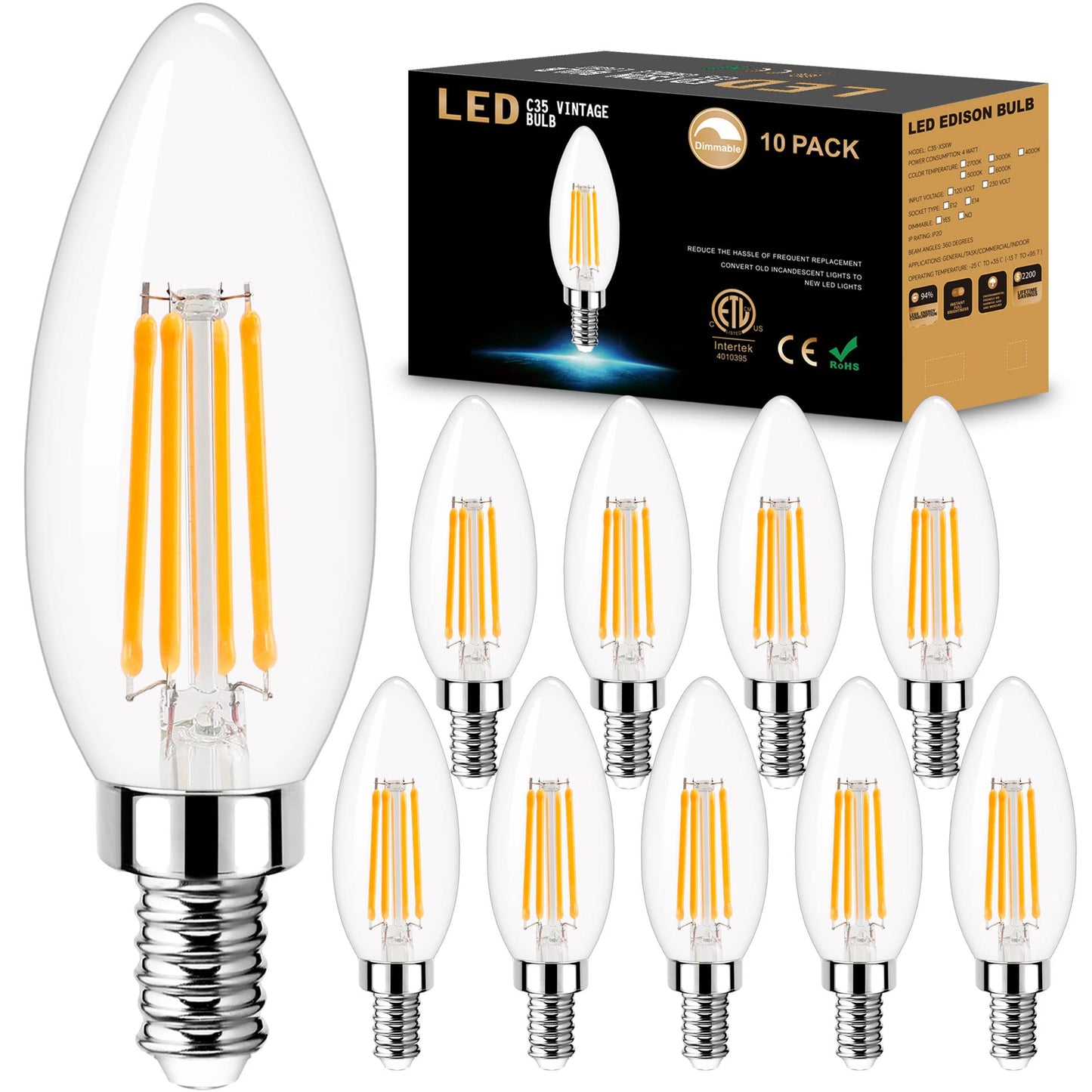 Dimmable Candelabra LED Light Bulb 40W Equivalent, E12 Chandelier Light Bulbs Warm White 3000K , 400LM, CRI 85+, B11 Type B Ceiling Fan Bulb 4W, Clear