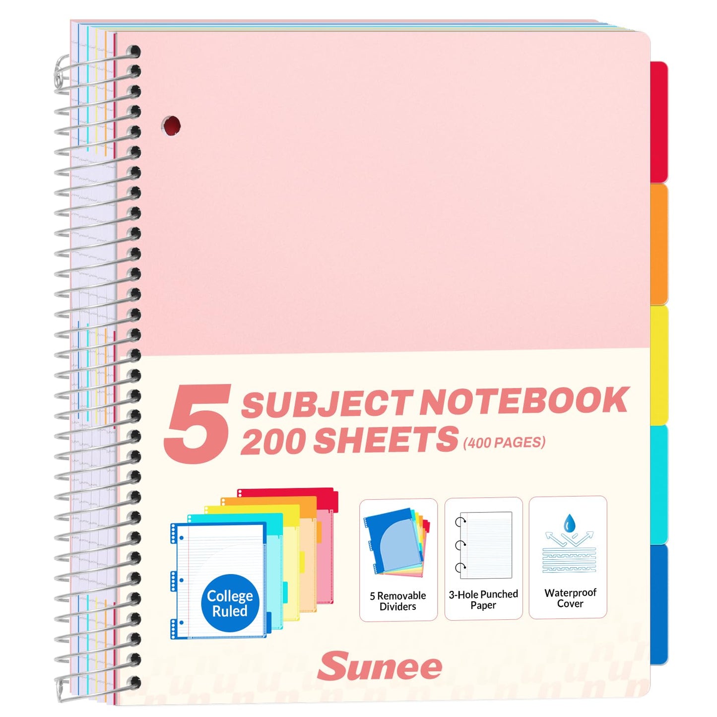 SUNEE 5 Subject Notebook College Ruled - 400 Pages, 9"x11", 5 Pocket Colored Dividers, 3-Hole Punched Paper, Pink