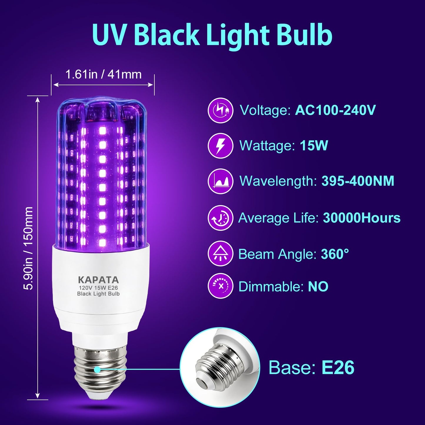 Kapata 15W LED UV Black Light Bulb Energy Saving UV Black Lights UVA Level 395-400nm, Glow in The Dark , 100W Black Fluorescent Light Equivalent E26