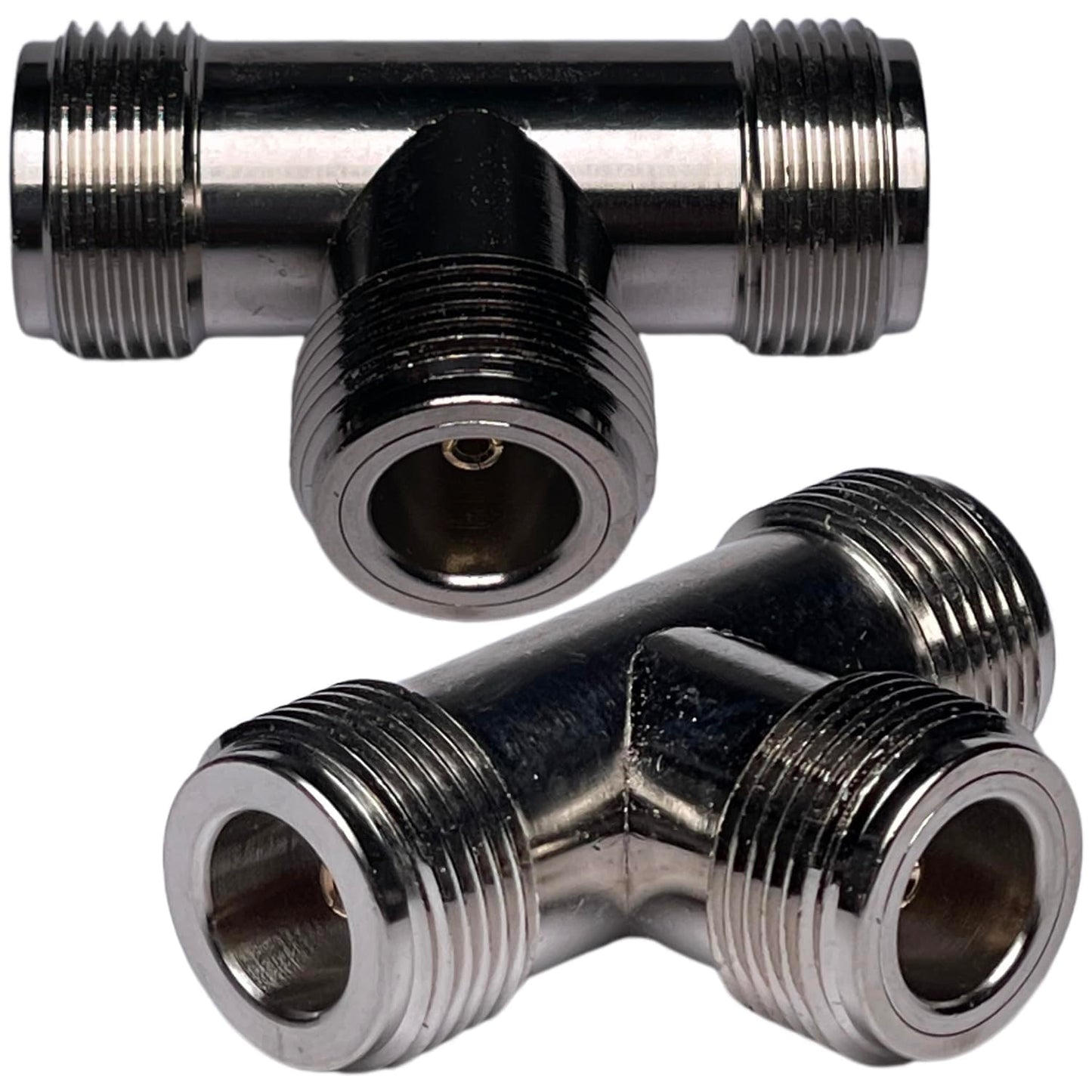 CESS N-Type Female 3-Way Coax T Splitter Adapter, Nickel, 2 Pack