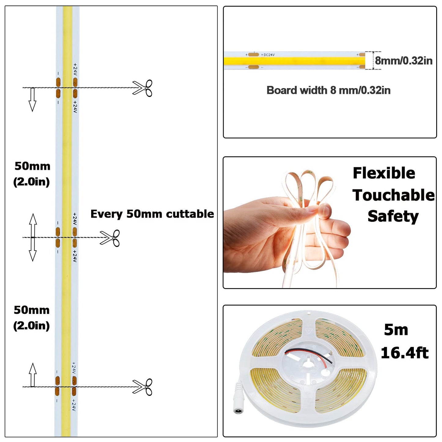 KXZM DC 24V COB LED Strip Light Natural White 4000K 2400LEDs 16.4ft(5M) CRI 93+ 4500lm Uniform Glow Flexible IP20 Not Waterproof LED Tape Lights