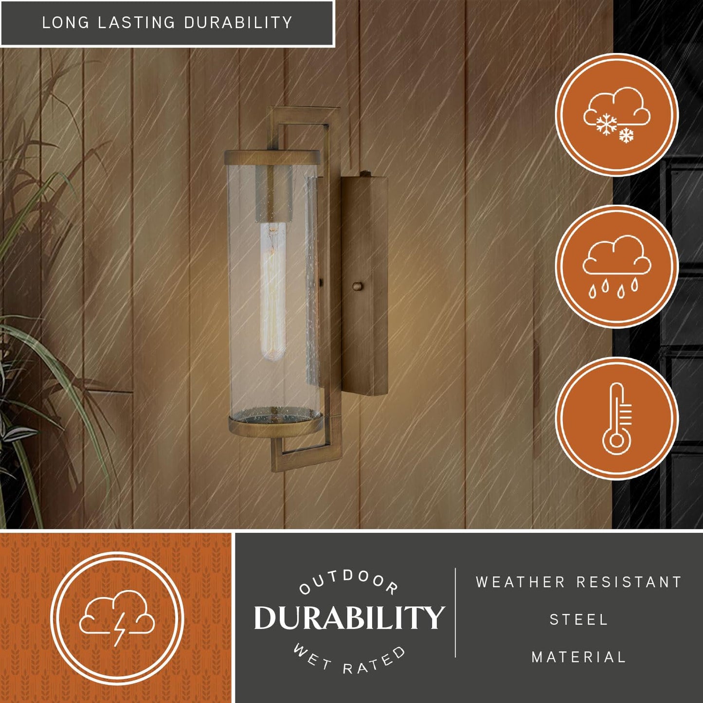 VAXCEL Morgan Park 16 in. H 1-Light Warm Brass Dusk to Dawn Sensor Gold Outdoor Wall Sconce, Durable Steel, Clear Seeded Glass Shade, LED Compatible