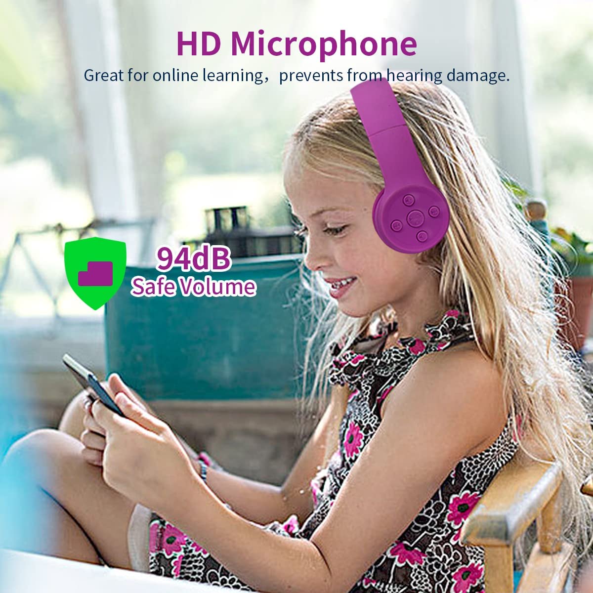 YUSONIC Girls Wireless Headphones, Bluetooth Kids Headphones,5 Button Easy Use, 93db Volume Limited with Built-in Mic for Cell Phones TV Tablet…