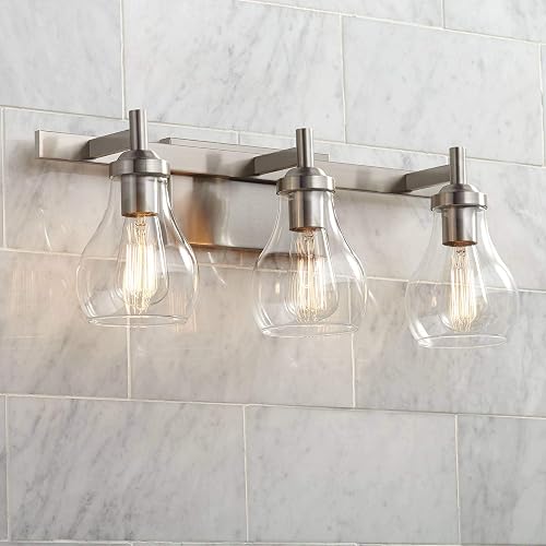 Possini Euro Design Danvers Modern Wall Mount Light Brushed Nickel Silver Hardwired 21" Wide 3-Light Fixture Clear Glass Globe Shade for Bathroom