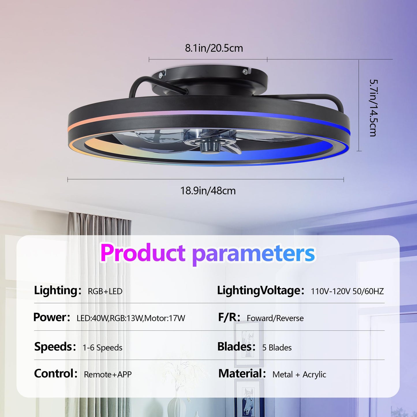 Ouimico RGB Ceiling Fan with Light and Remote, 19" Smart Ceiling Fan, Black