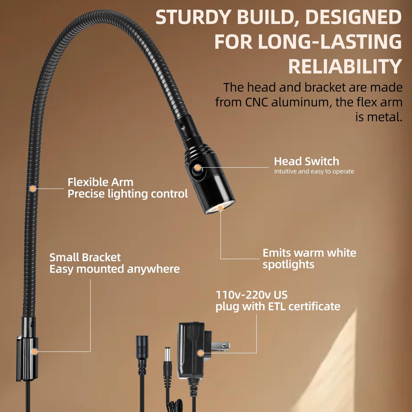 BiNFU Reading LED Light for Bedside Bedroom Wall Mount Adjustable Gooseneck Black