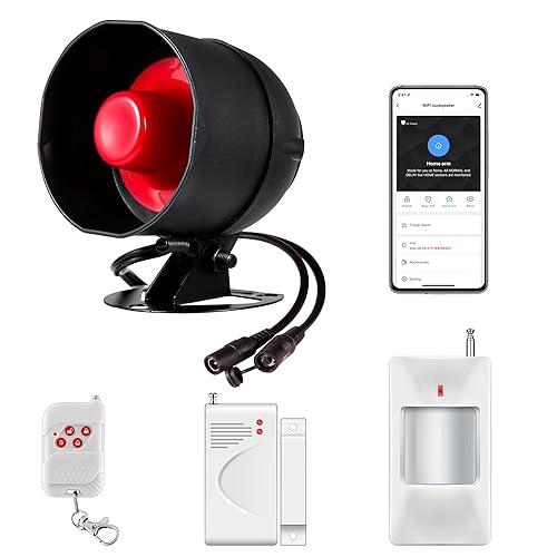 WiFi Alarm Home Security System, Wireless Alarm System with Loud 120dB Window Door Alarms Sensor, Remote Control WiFi Siren for Shed Garage