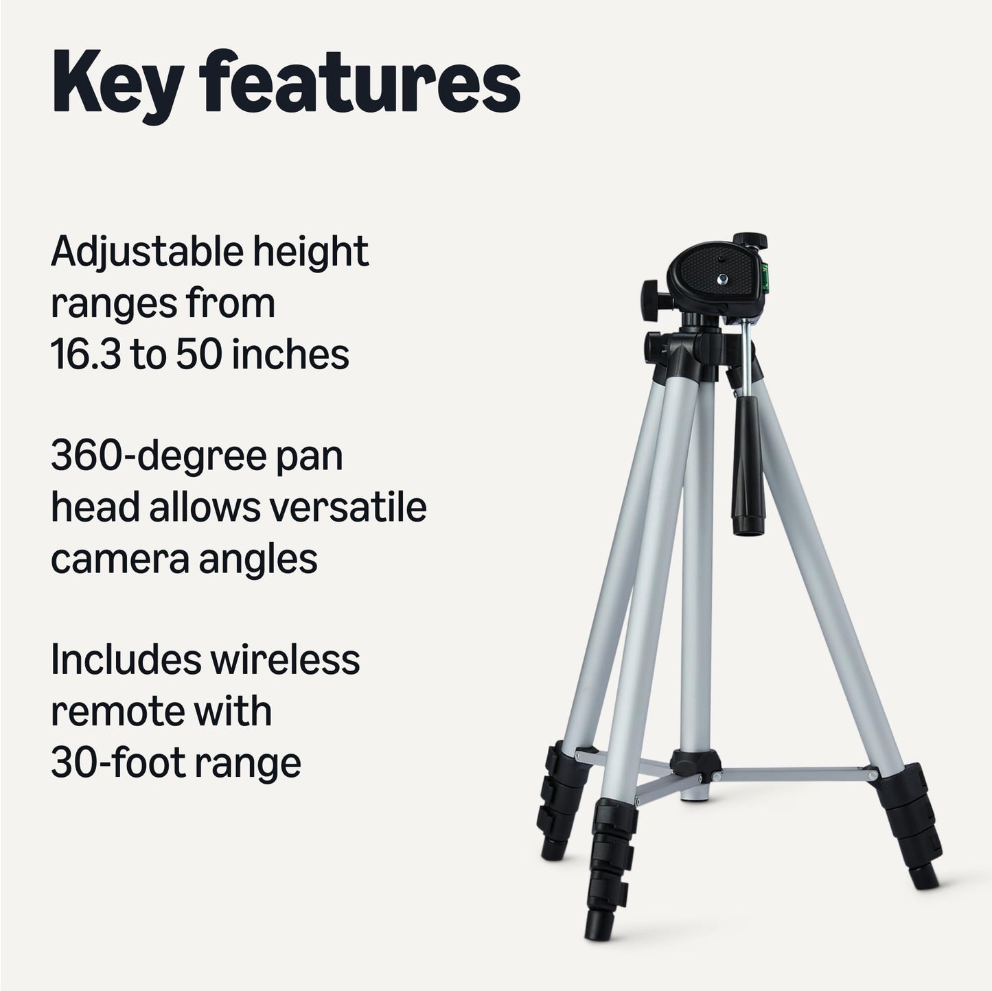 Amazon Basics 50" Lightweight Tripod for Camera and Phone with Travel Bag, Remote Control and Phone Holder, Height Adjustable, Aluminum, Silver