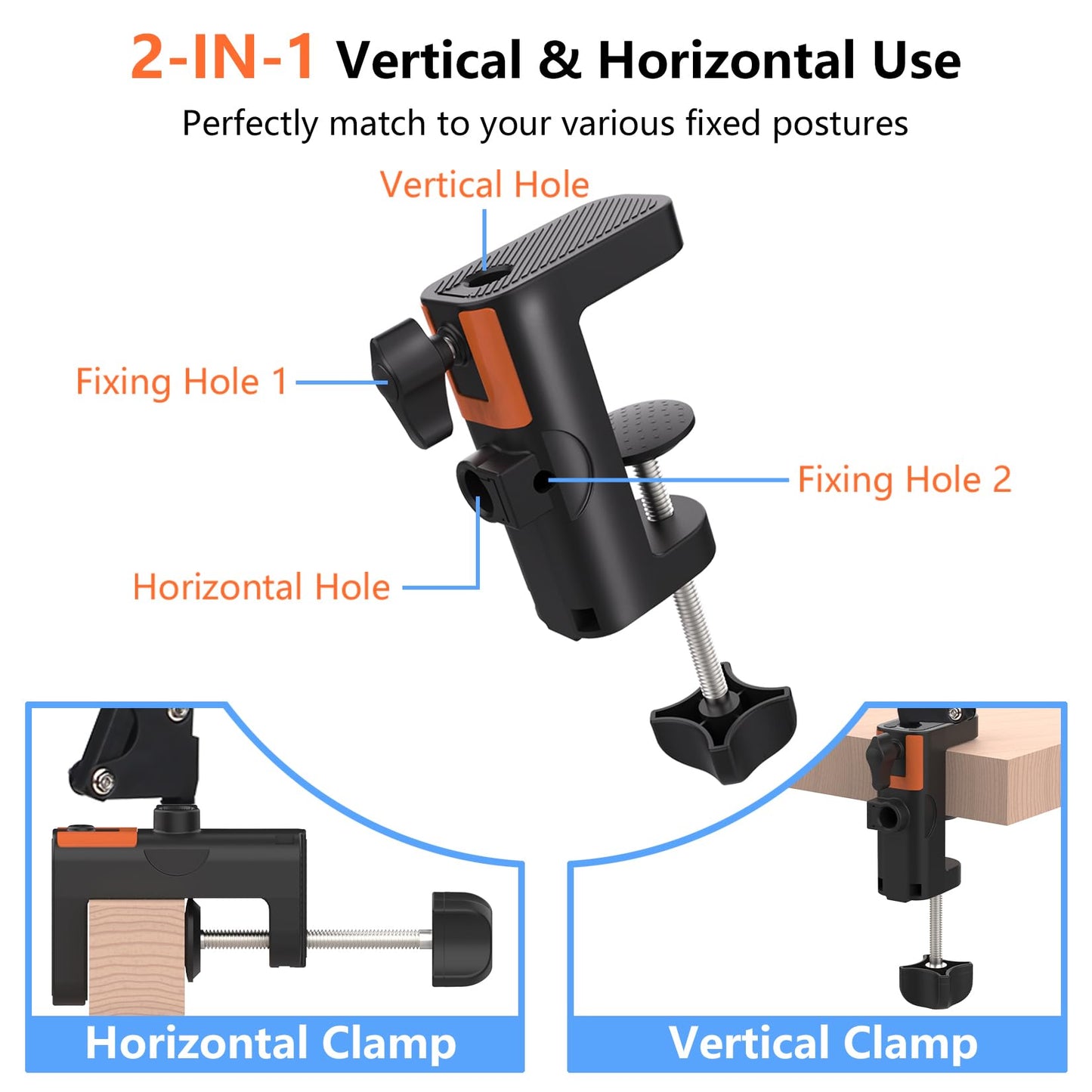 LILANZo Table Clamp Mount for Microphone Stand, 2-in-1 Mic Boom Arm Clamp Table C Clip for Desktop Overhead Camera Tripod Mic Stand Lamp Base, Fits Up