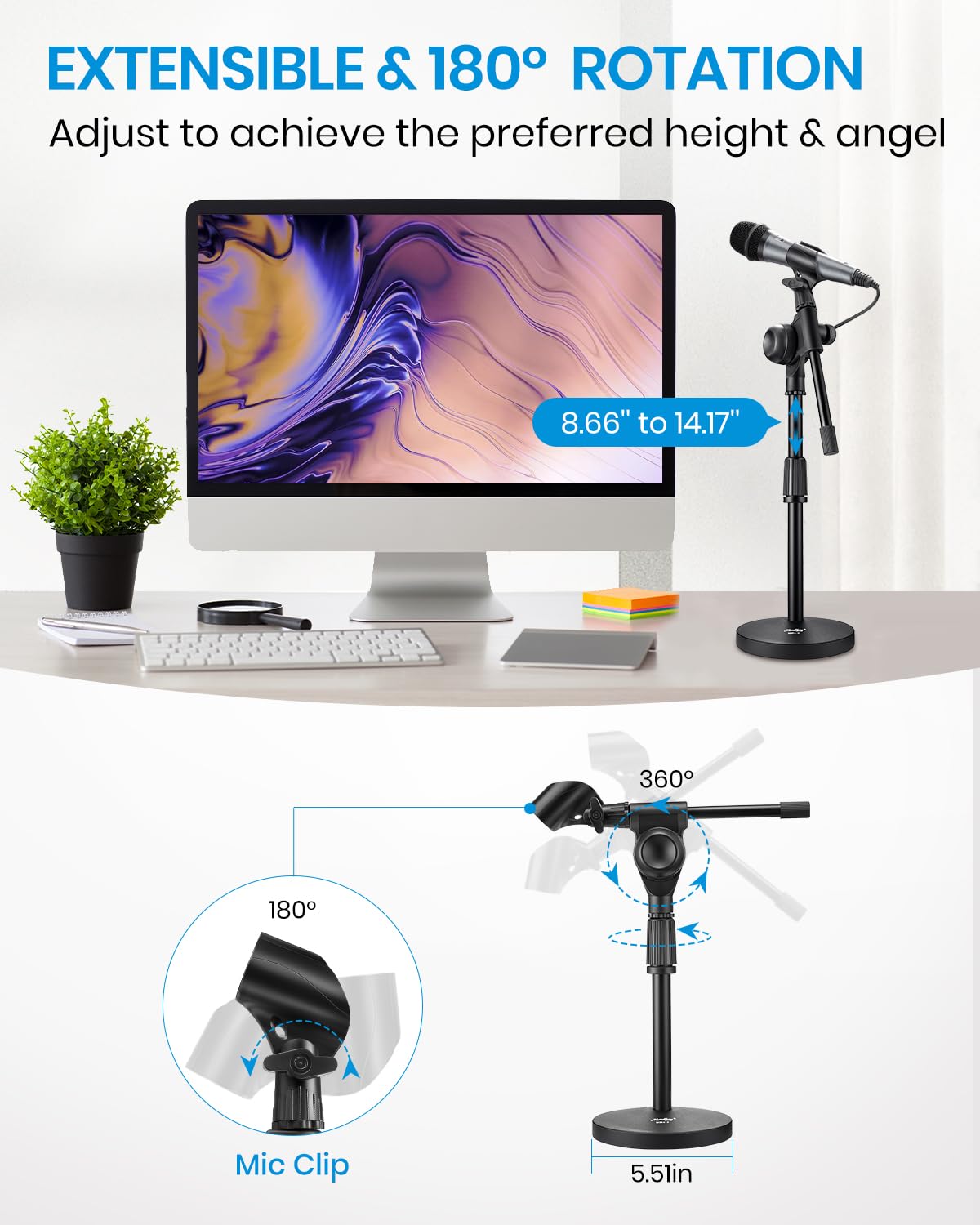 Moukey Mic Stand Desk Adjustable Tabletop Microphone Stand with Non-Slip Mic Clip, Short Table Mic Stand with Gear Fixing, Boom Arm, 3/8" and 5/8"