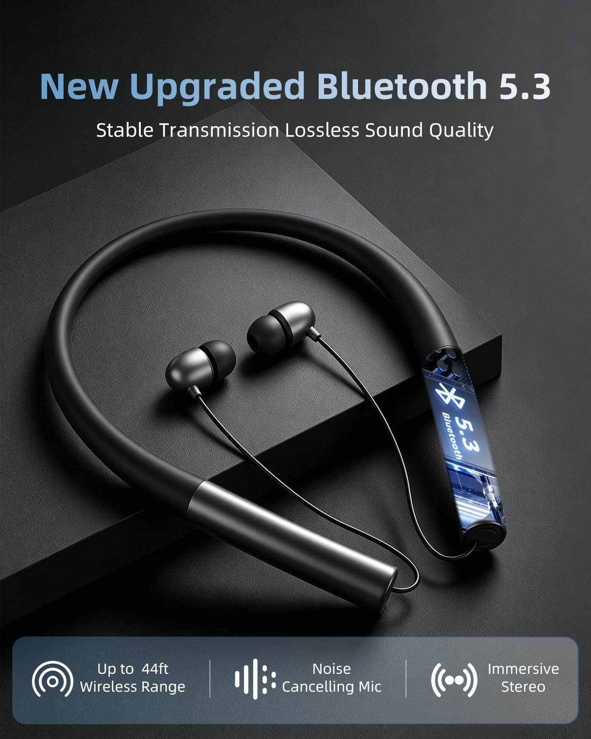 PIIWIAU Neckband Bluetooth Headphones, Retractable Headphones Bluetooth 5.3 with IPX5 Sweatproof & Vibration Alert, Stereo Noise Cancelling for Music