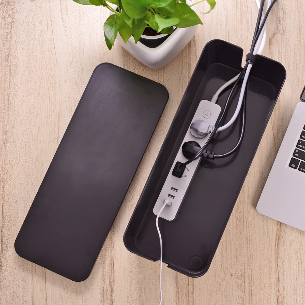 Cable Management Box, Large Cord Organizer Box to Hide Power Strip & Under Desk,TV Computer Wires Cable Organizer Hider Box with Cable Clips&Reusable