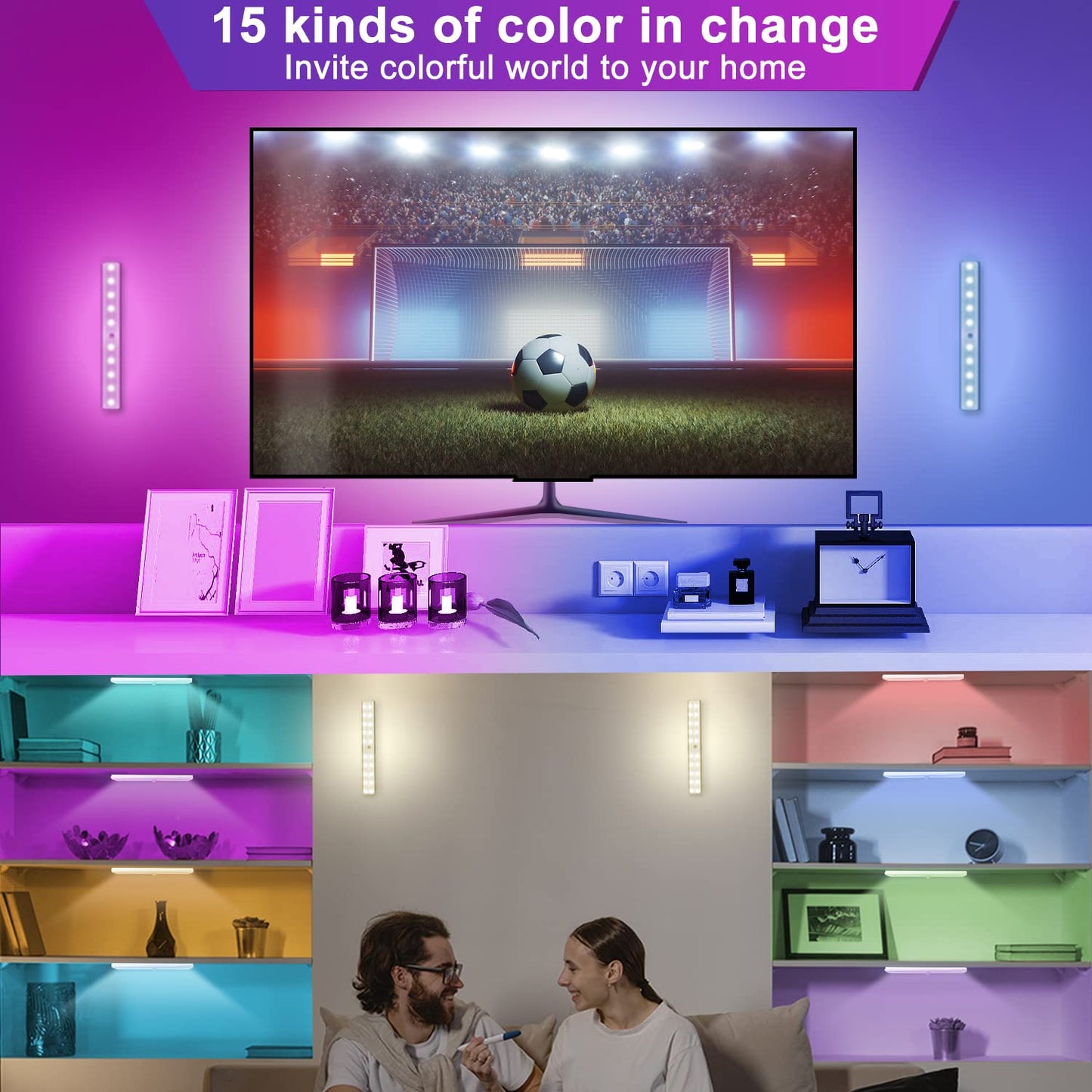 Under Cabinet Lighting Wireless with Remote, 48 LED Rechargeable Under Cabinet Lights, Kitchen Counter Lights Dimmable LED Closet Light RGB Bar