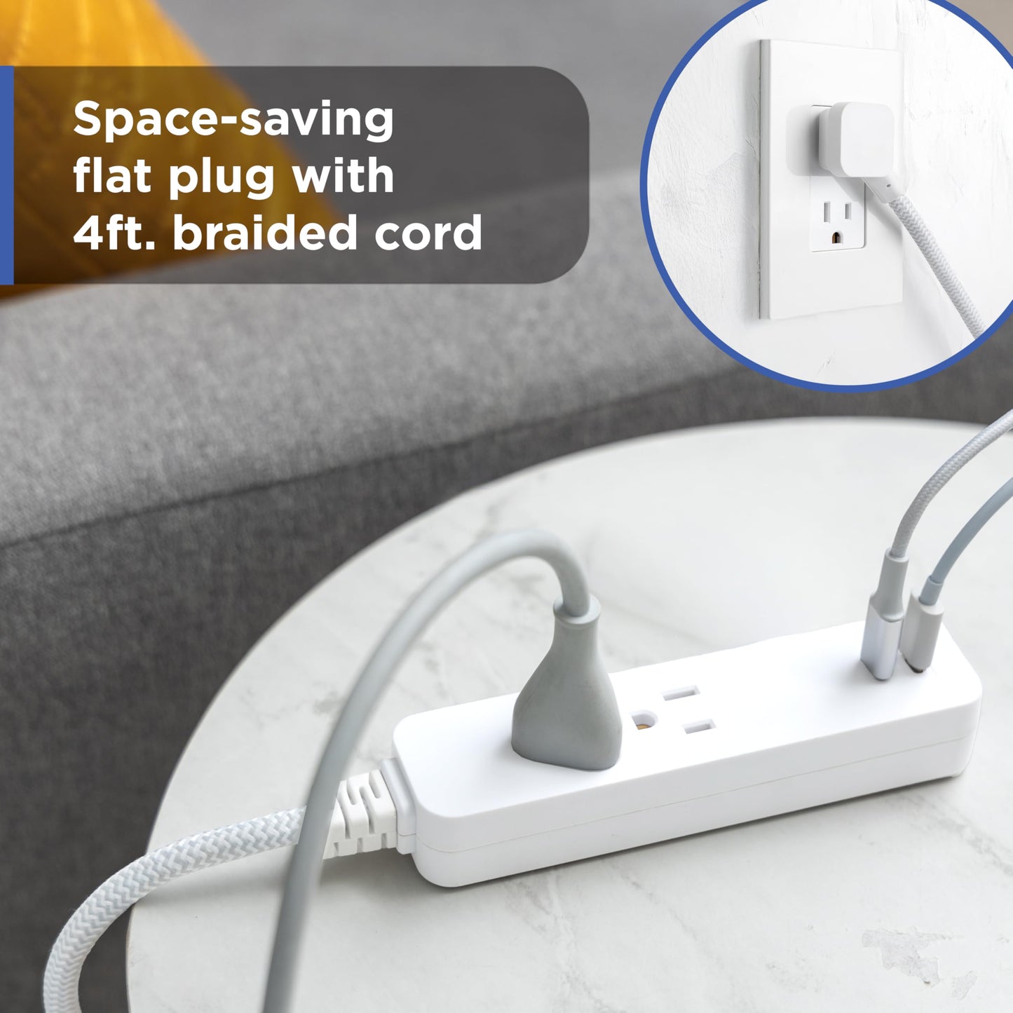 GE 2 USB C Extension Cord Power Strip, 2 Outlets, 4 Ft Braided Cord, Flat Plug, 245 Joules, 12W Charging Power, 16AWG, White, 87434