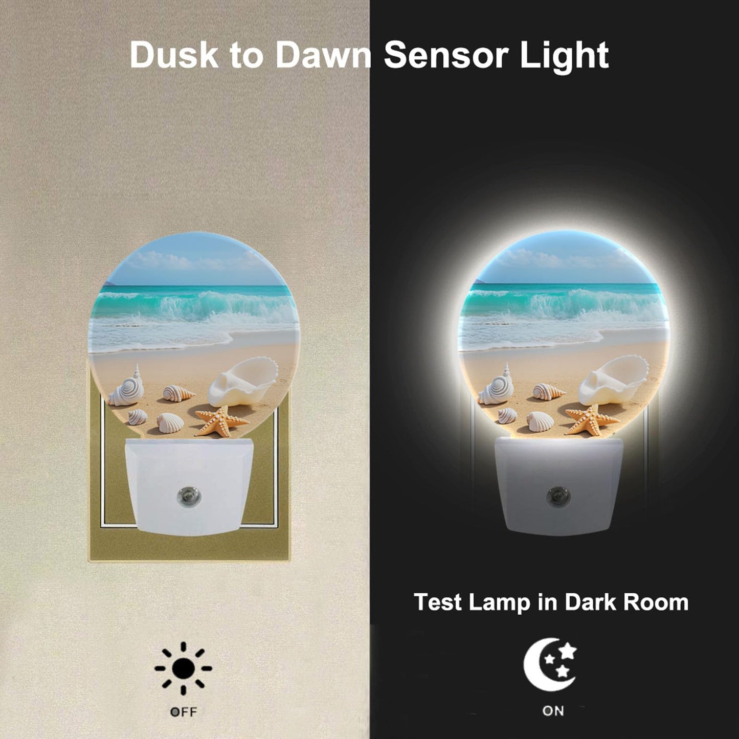 Uanvaha Seashell Nightlight Summer Beach Coral Starfish Blue Ocean Sea Waves Night Lights Plug into Wall Dusk to Dawn Sensor Round Night Light