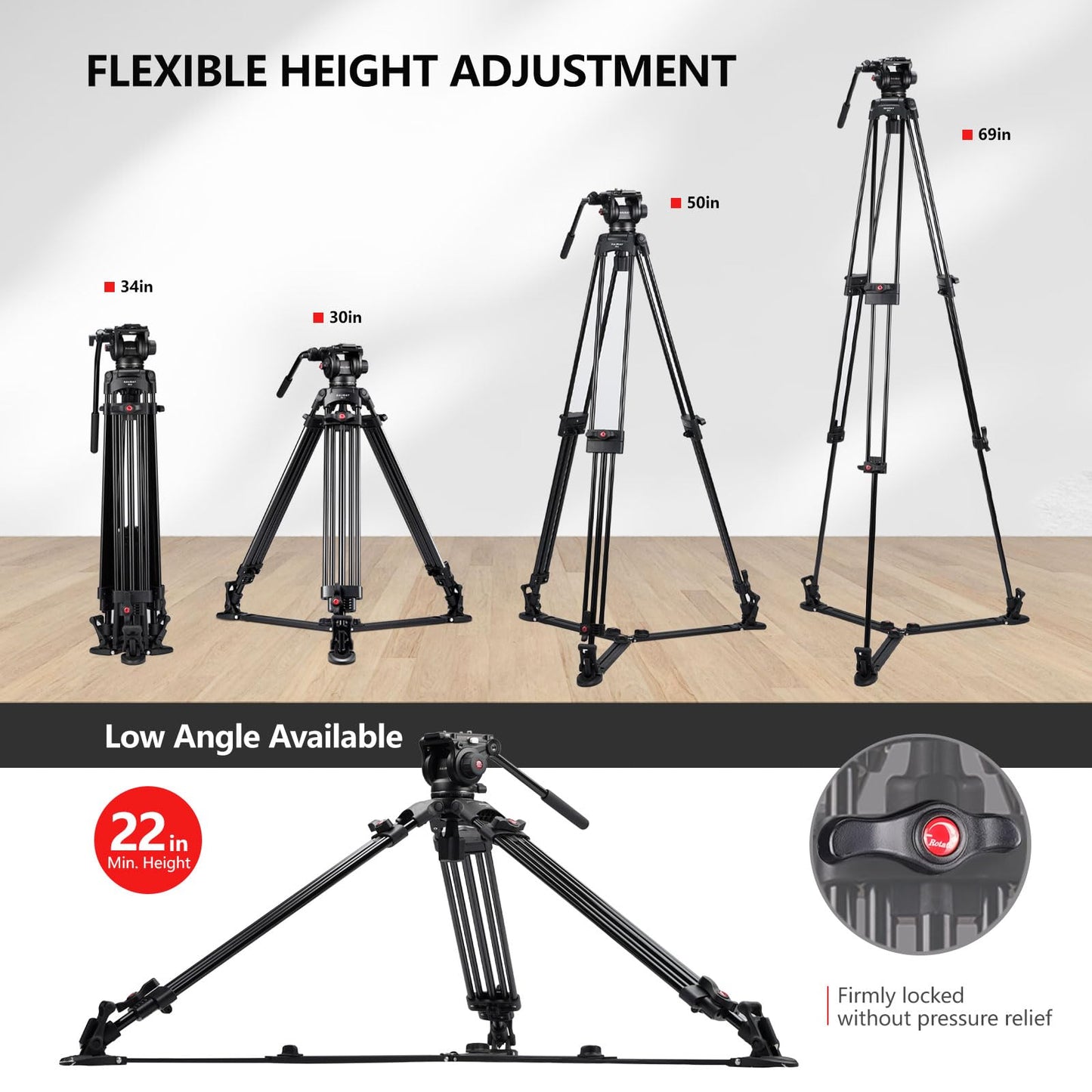 RAUBAY 69" Fluid Head Video Camera Tripod, Heavy Duty Camera Stands for Canon Nikon Sony DSLR, Camcorder, Digital Cine with Ground Spreader, Aluminium