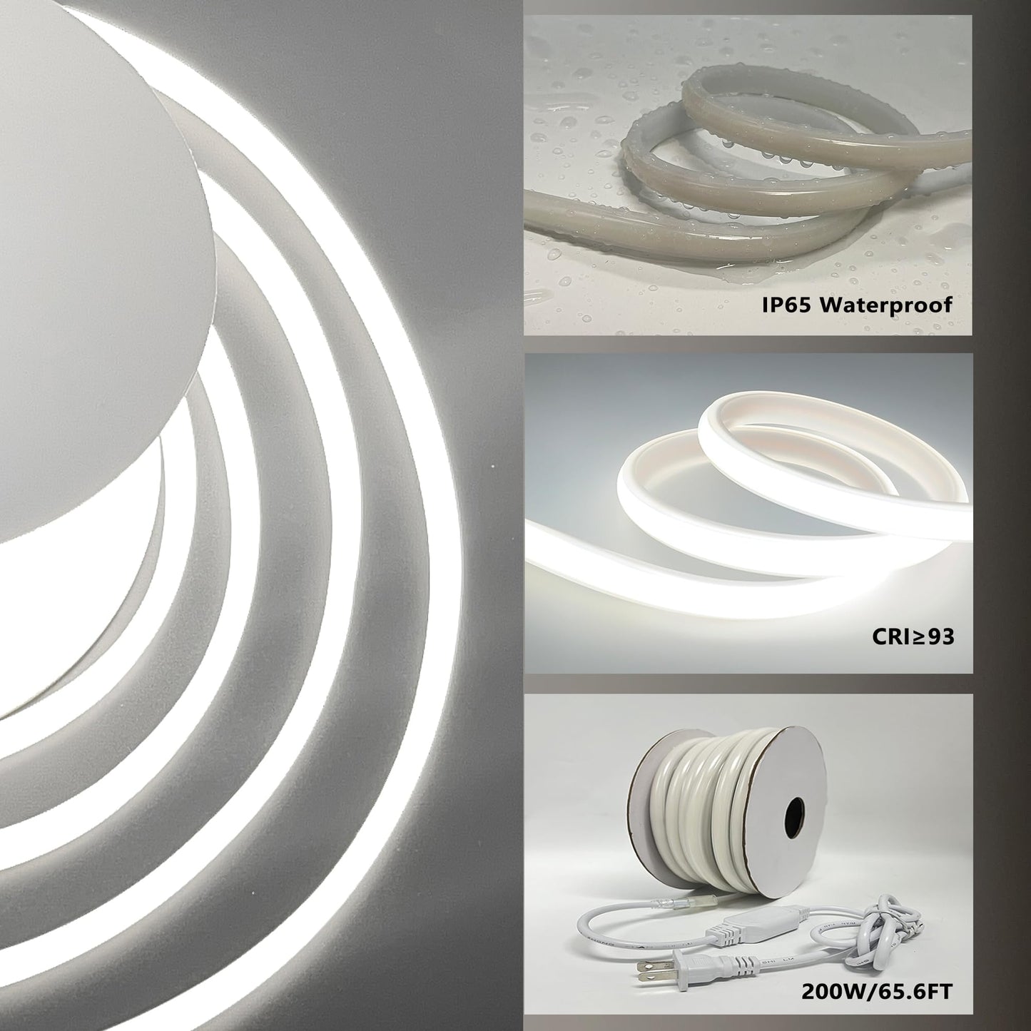 PISIN P AC 110V COB LED Strip 65.6ft Cool White 6500K CRI93 Outdoor Waterproof IP65 Ultra Bright LED Strip 288LEDs/M Suitable for Home and Garden