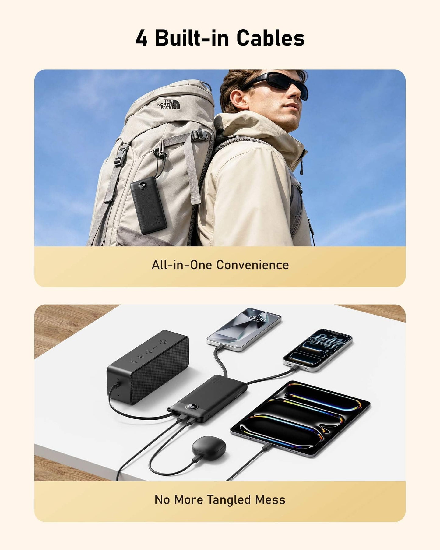 VEEKTOMX Portable Charger with 4 Built-in Cables - 10000mAh Slim Power Bank, USB-C Battery Pack with iPhone & Micro USB, TSA Approved Travel Charger
