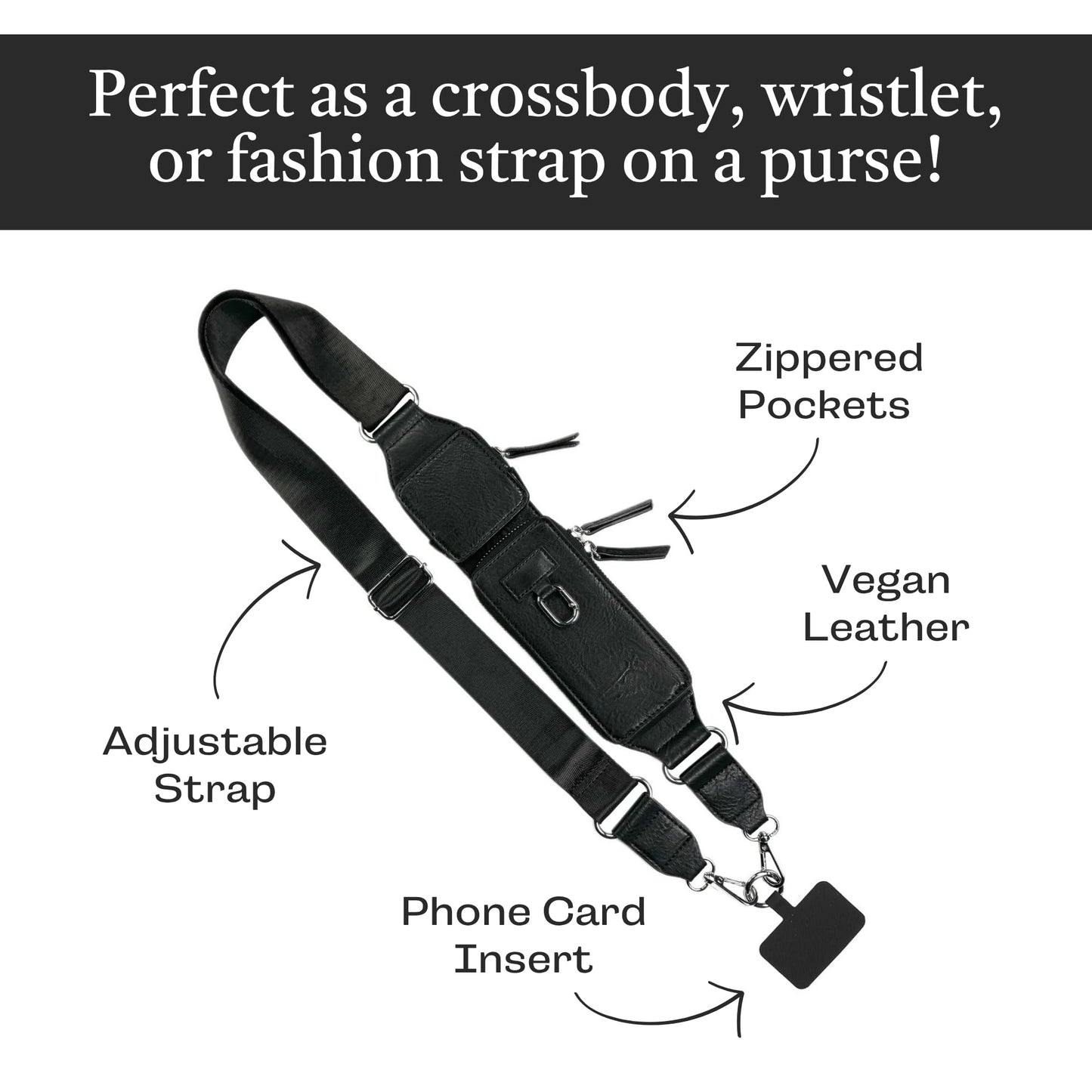 Save the Girls Zip & Clips Phone Lanyard Crossbody with Wallet for Women (Black) - Stylish and Lightweight Vegan Leather Phone Strap, Hands-Free