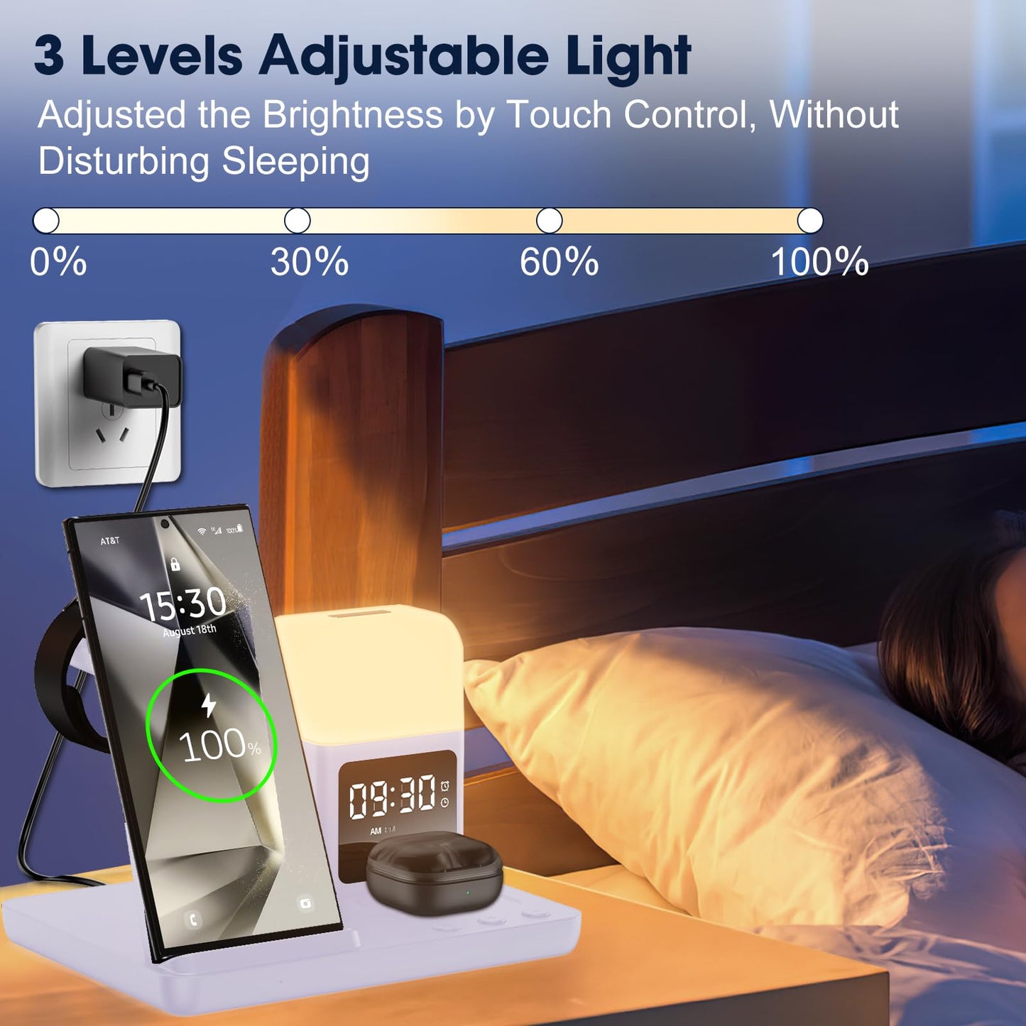 Wireless Charger for Samsung/Android, 6 in 1 Phone Nightstand Charging Station Charger with Alarm Clock/Night Light for Samsung S25/S24/S23