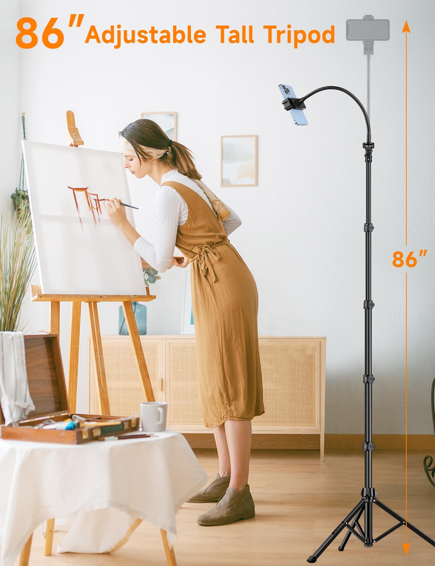 Phone Tripod, 86" Tall Tripod for iPhone with Flexible Gooseneck & Remote, Portable Aluminum Cellphone Stand for Selfies, Video Recording,Travel
