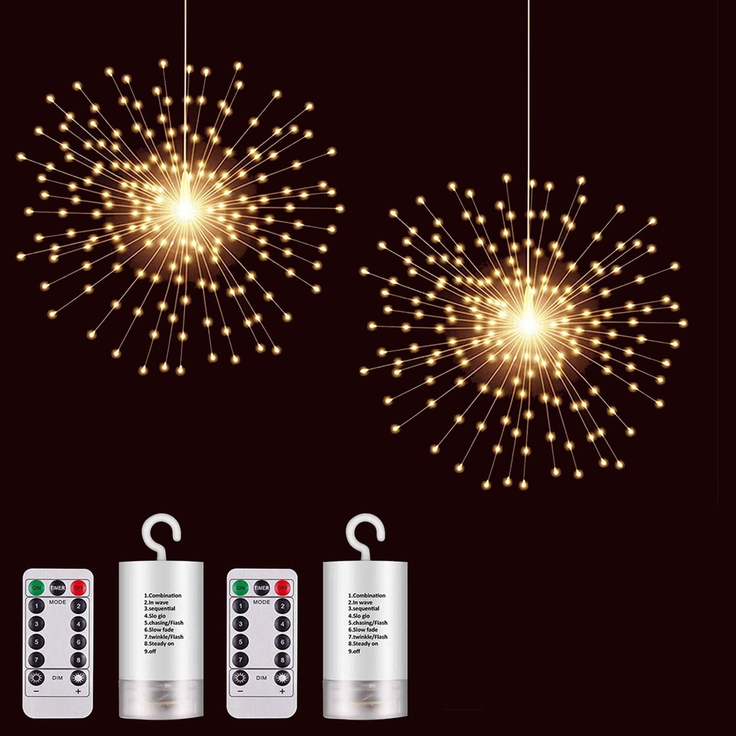 2 Pack Hanging Decor Lights,200 LED Battery Powered Fairy Light, Fireworks Light with Remote, Waterproof Starburst Lights for Gardens Courtyards