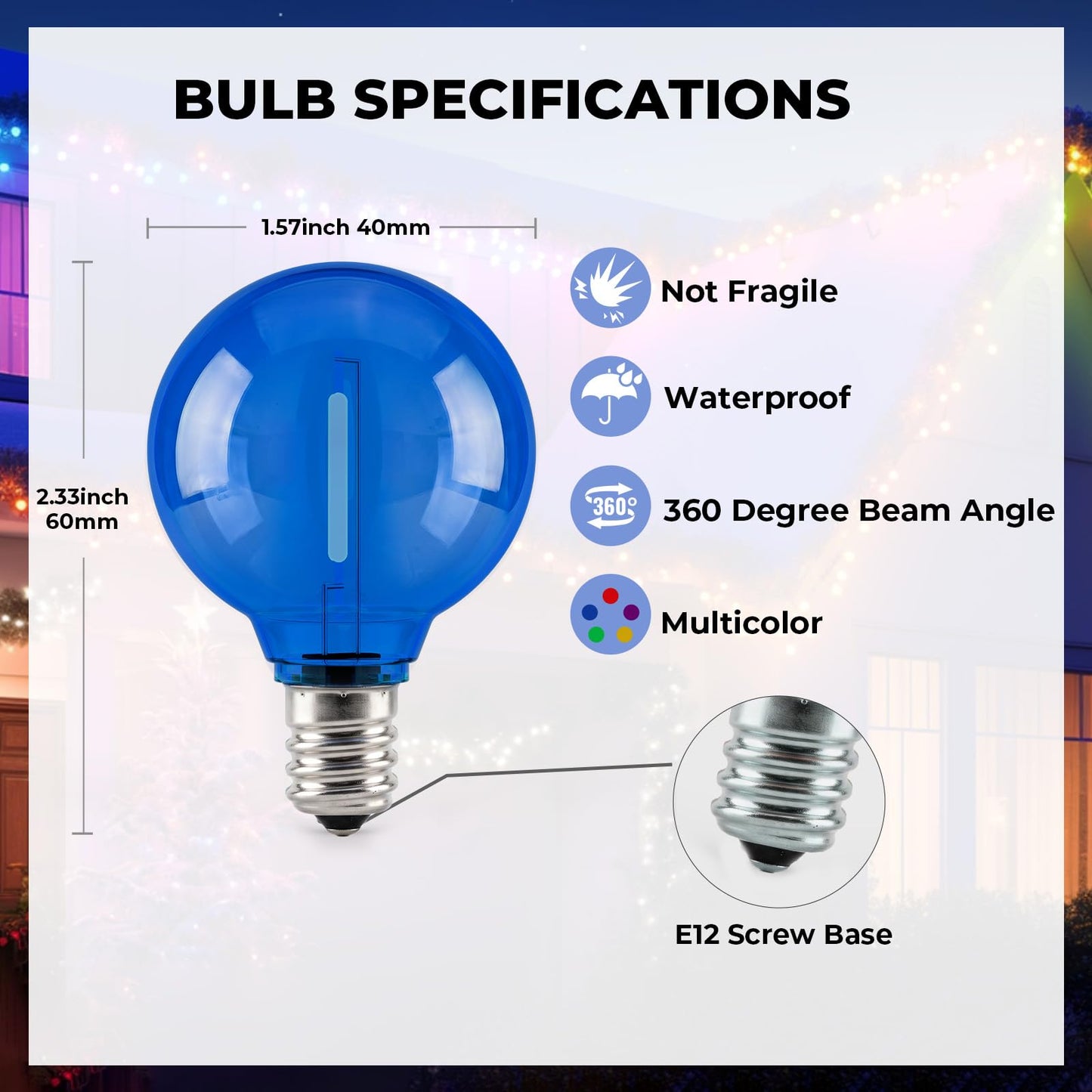 G40 Colored String Light Bulbs Replacement, 1 Watt, E12 Base, 36 Pack