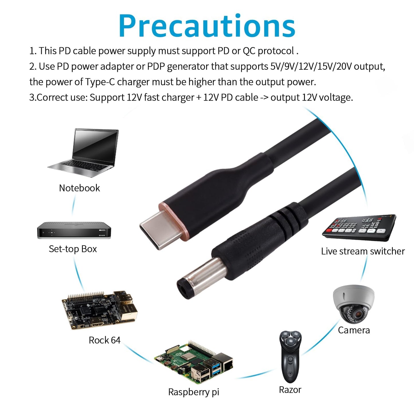 DSD TECH MagicConn SH-CP12B USB Type C PD to DC Power Cable(55x21)-12V