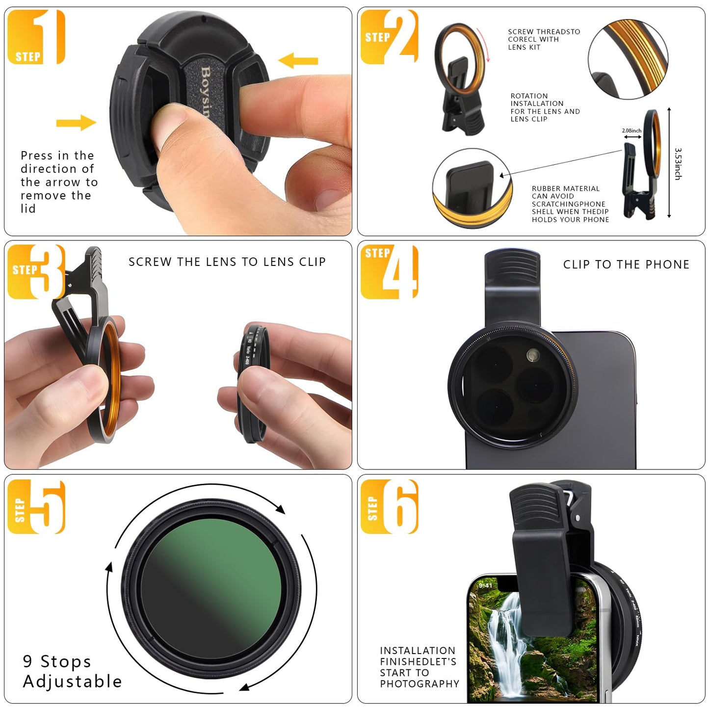 52MM Variable ND2-ND400 Filter, Ultra Slim Multi-Coated Adjustable Neutral Density Filter, Clip-on Phone Lens ND Filter Kit, Compatible for iPhone 15
