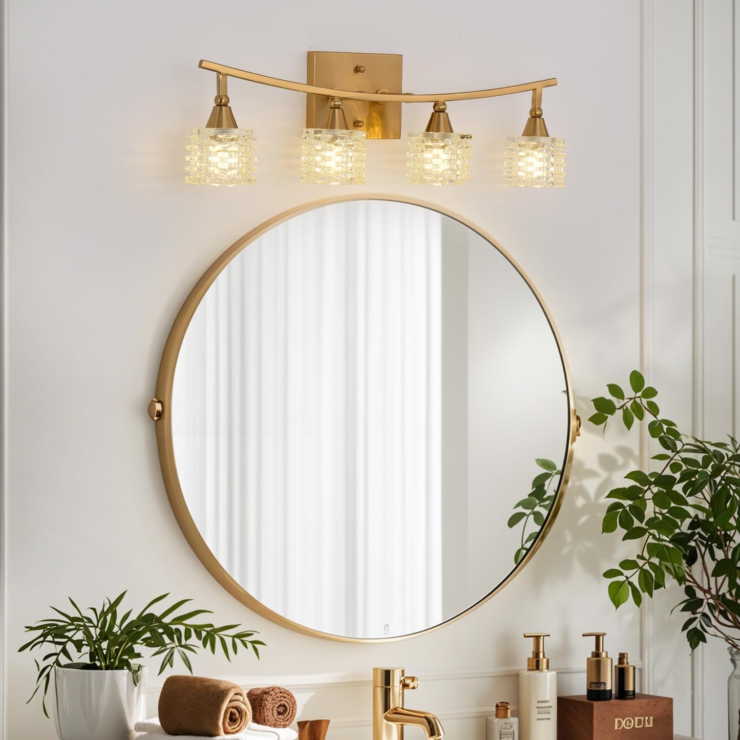 21 Inch Brass Bathroom Light Fixtures, Small Gold 4-Light Modern Vanity Light Over Mirrors, Wall Mount Sconces with Cube Ribbed Glass Shades, G9