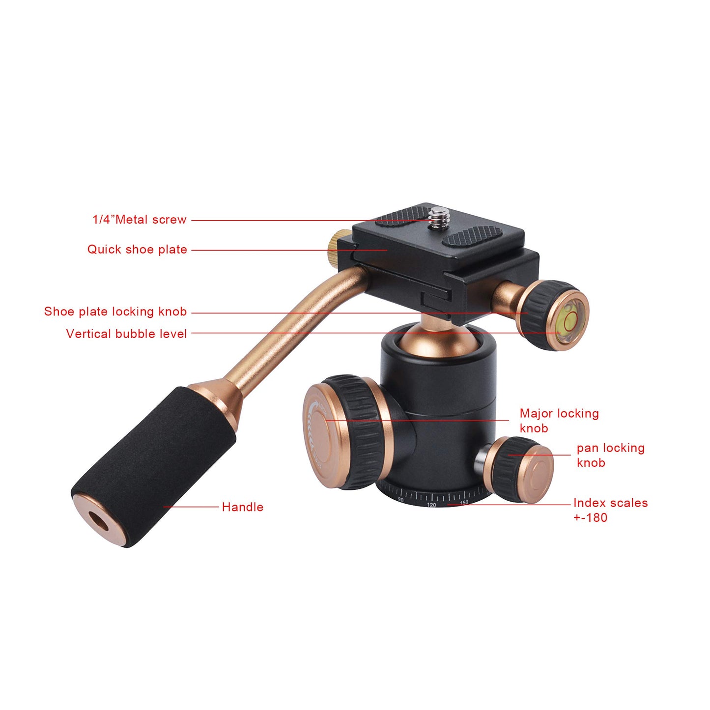 Tripod Head, Flexi-Tilt Universal Ball Head with Quick Release Plate, 1/4 Screw for DSLR Camera, Video Camcorder, Cellphone/Pad, Mirrorless Cameras
