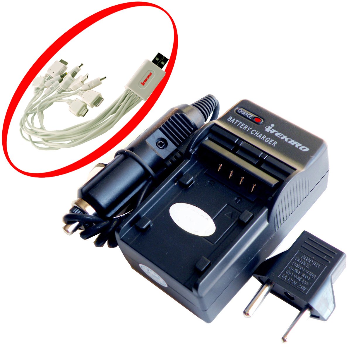 iTEKIRO AC Wall DC Car Battery Charger Kit for Sharp VL-NZ50 VL-NZ50H VL-NZ50S VL-NZ50U VL-NZ55 + iTEKIRO 10-in-1 USB Charging Cable