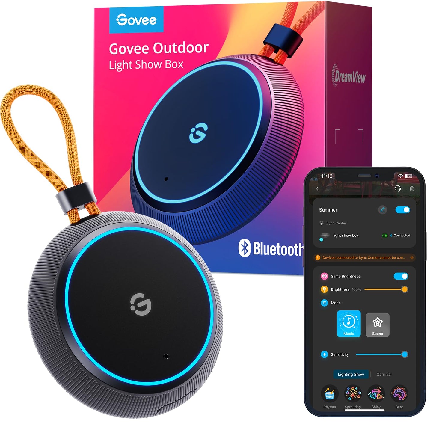 Govee Outdoor Light Show Box, 22 Music Modes and 20 Scene Modes, Bluetooth Smart Group Control 10 Devices, IP65 Waterproof, Battery Powered, USB