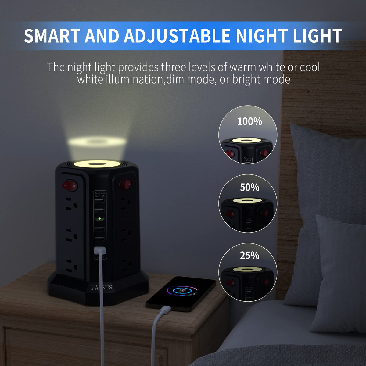Surge Protector Power Strip Tower with 5 USB Ports and Night Light, 10FT Extension Cord with 12 AC Multiple Outlets, PASSUS Power Tower, Overload
