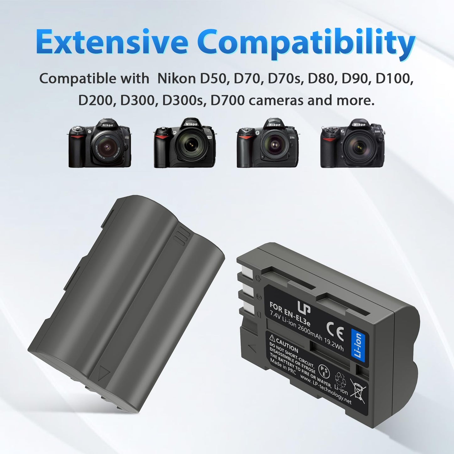 LP EN-EL3e, EL3, EL3a Battery, 2600 mAh Battery Compatible with Nikon D700, D300s, D300, D200, D100, D90, D80, D70S, D70, D50, MH-18, MH18a, MH-19