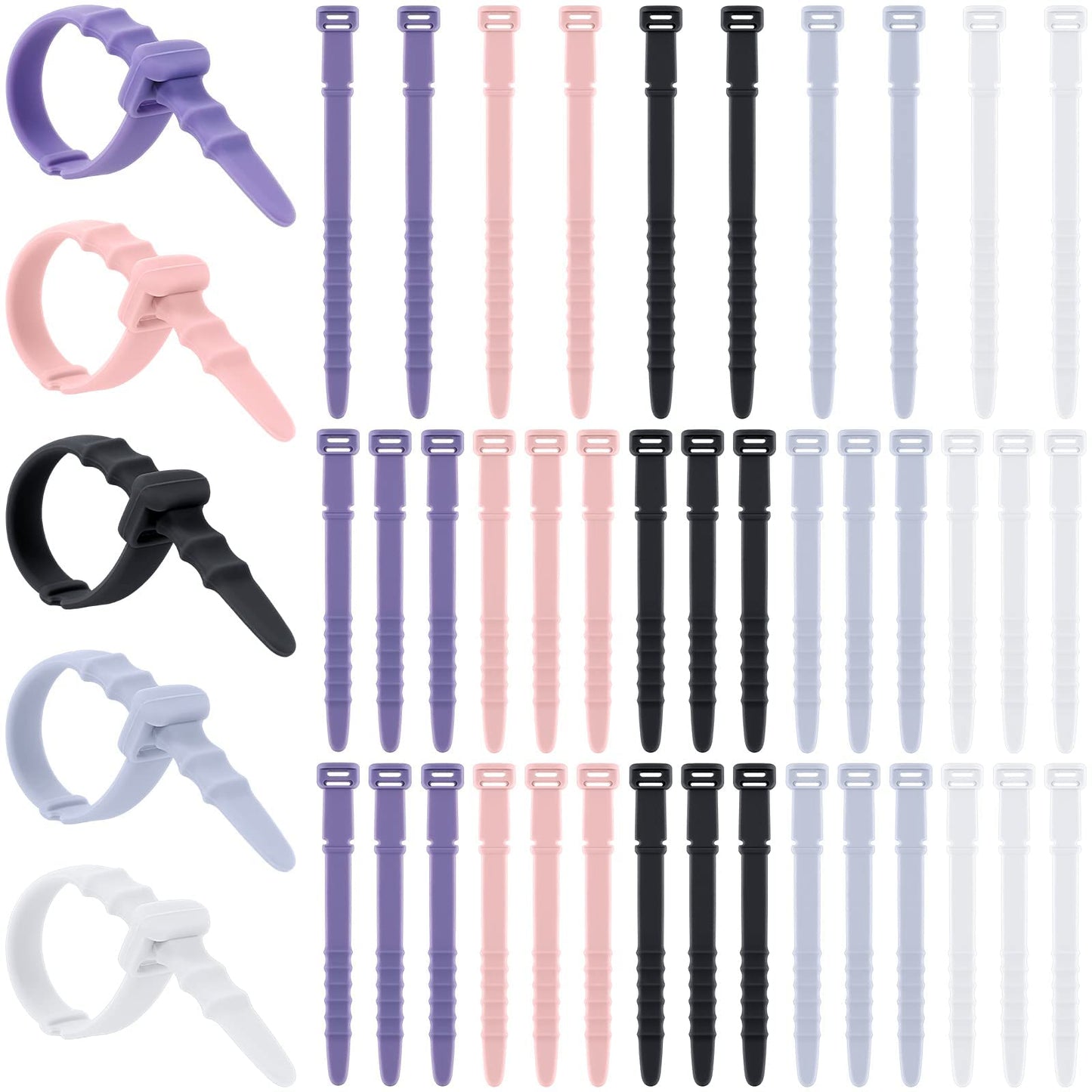 CDLV 40pcs Reusable Silicone Cable Ties, 4.5 inch Zip Ties for Wire Management, Elastic Cable Organizer, White, Black, Purple, Pink, Light Blue