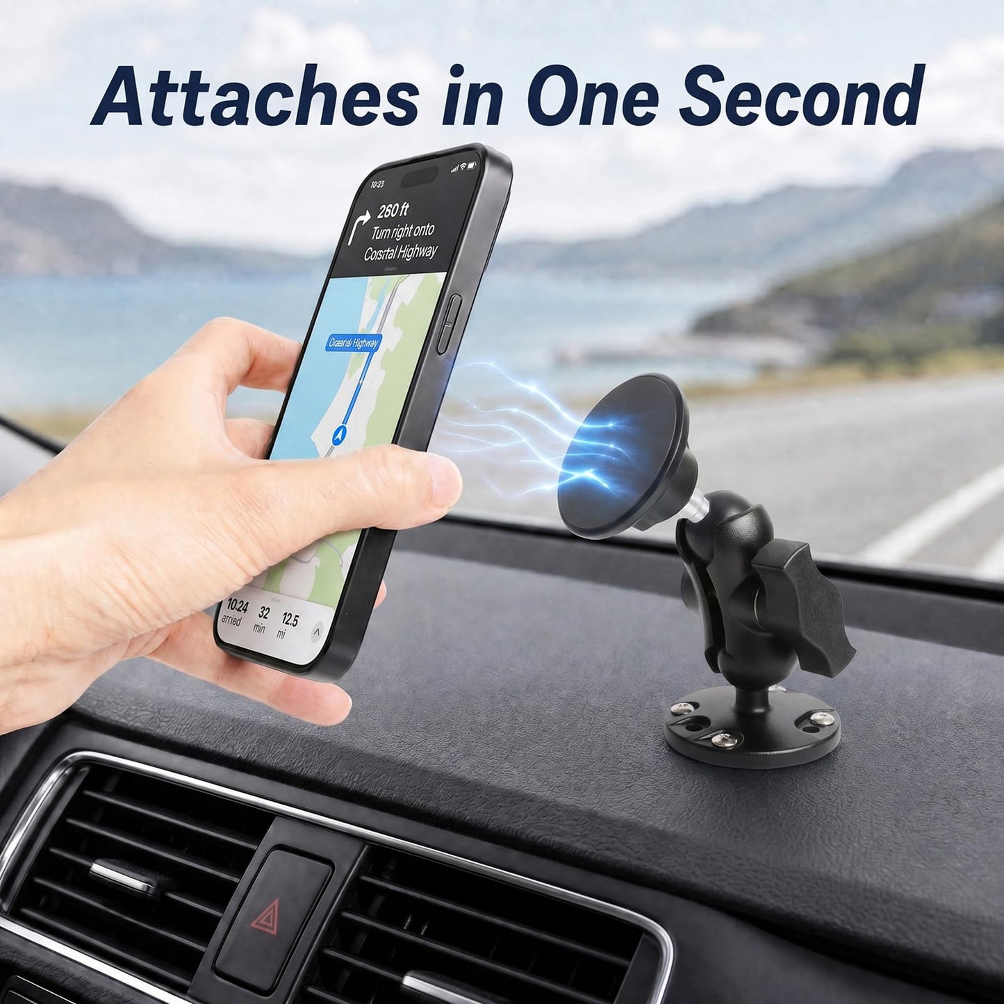FPN 1" Ball Magnetic Phone Mount for Boat/Truck/Car, Aluminum Alloy Short Arm & Base, Double Ball Joint, Screw-Mounted AMPS Round Base Phone Holder