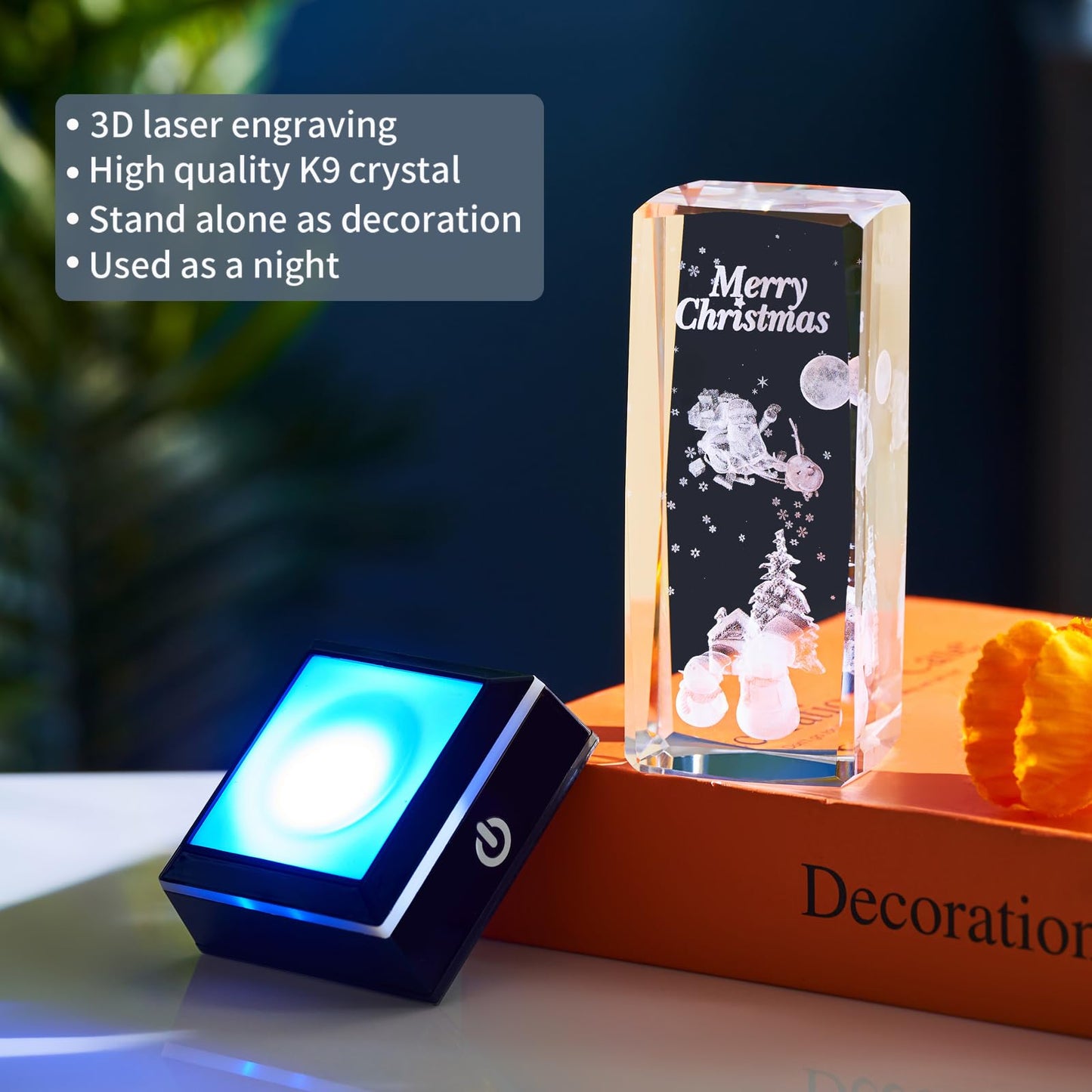 Zerelys 3D Crystal Christmas Gifts for Women with LED Base, Crystal Lamp Christmas Home Room Party Decor Gift for Mom Men(Merry Christmas)
