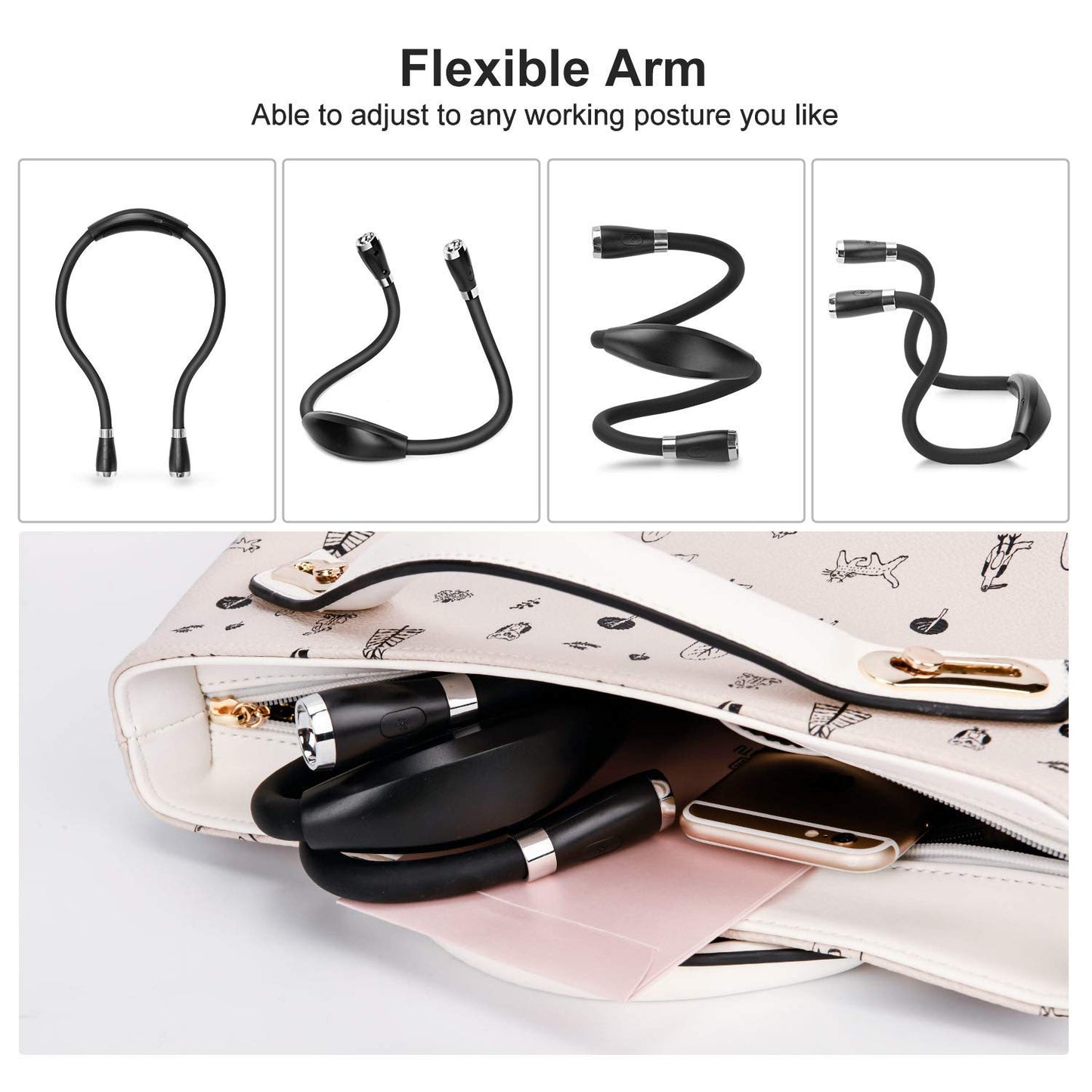 TSINGREE LED Neck Book Light USB Rechargeable, Hands Free, 4 Super Bright LED Bulbs, 3 Adjustable Brightness, Best for Reading in Bed, Knitting