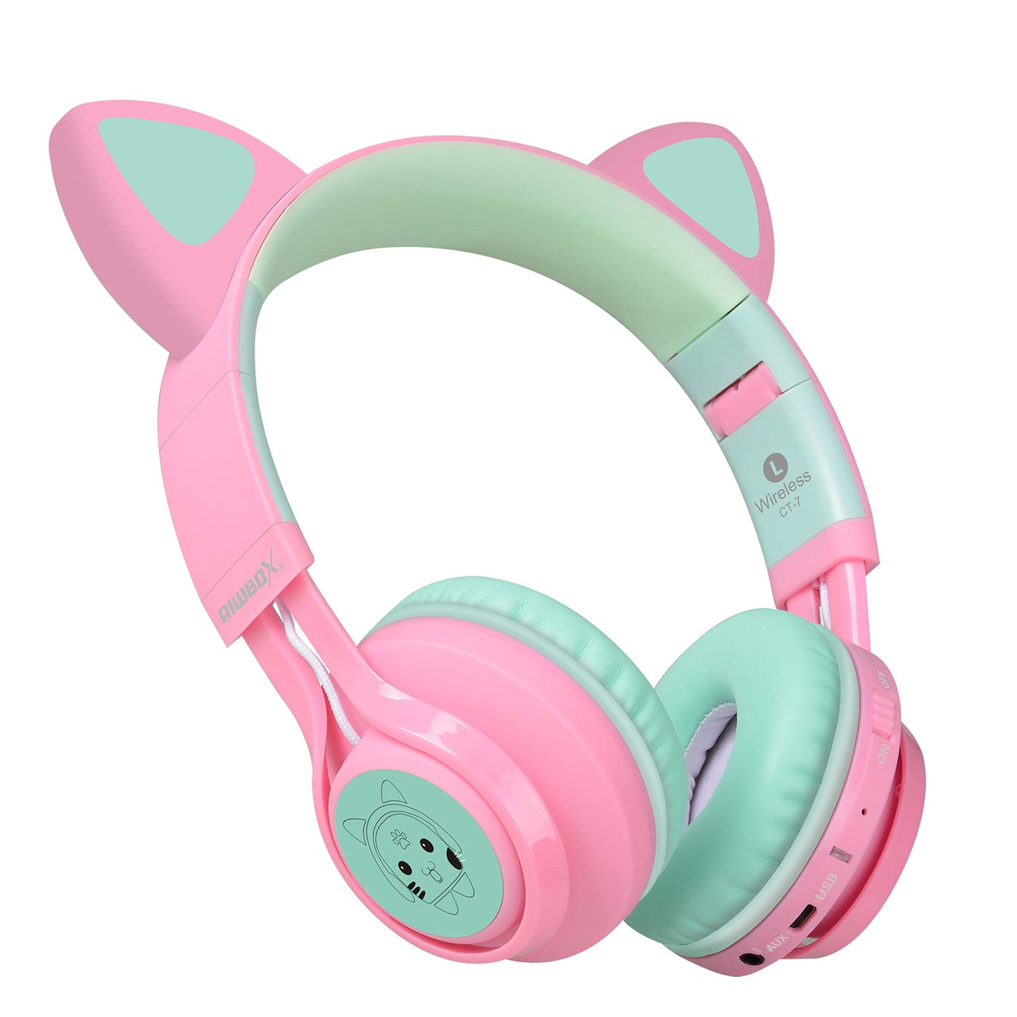 Riwbox CT-7 Cat Ear Kids Bluetooth Headphones, LED Light Up Bluetooth Wireless Over Ear Headphones with Microphone and Volume Control