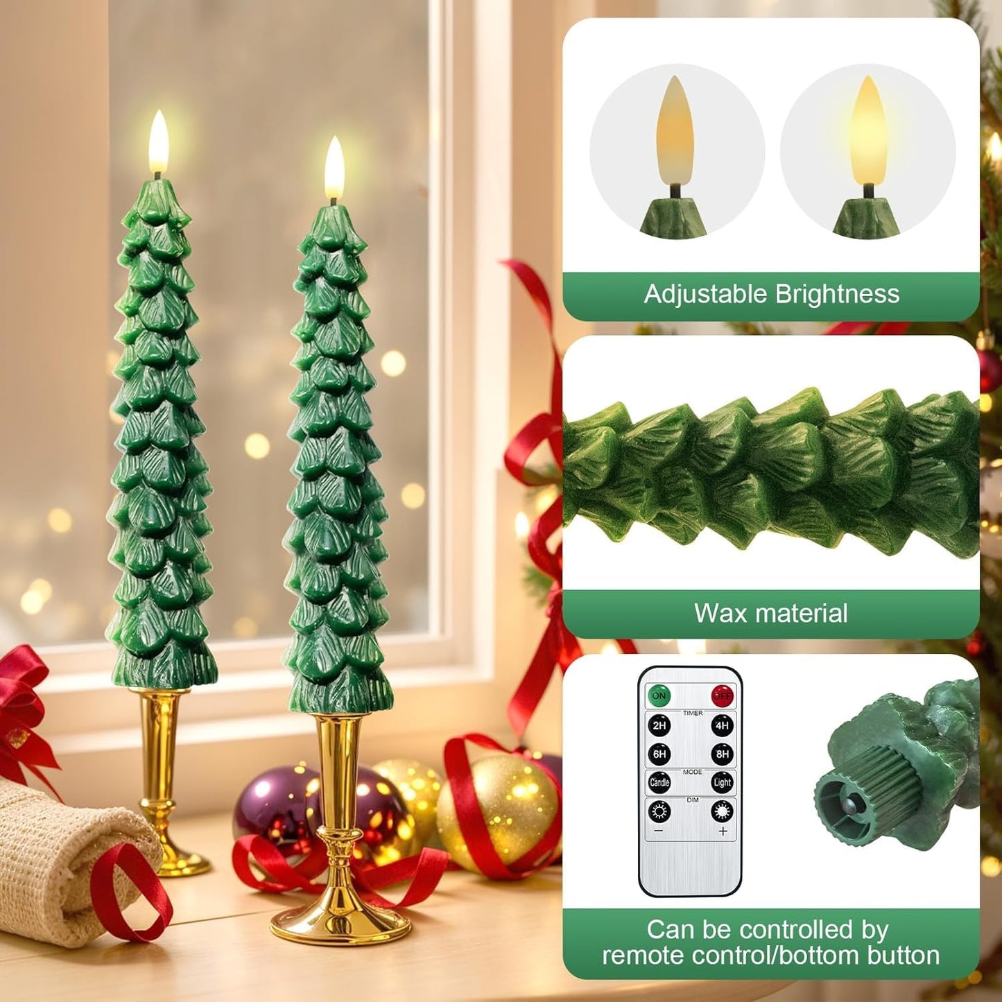 HDCooL 4PCS Christmas Tree Candles, 9.7 Inch Flameless Taper Candles with Remote and Timer, LED Battery Operated Taper Candlesticks with 3D Flickering