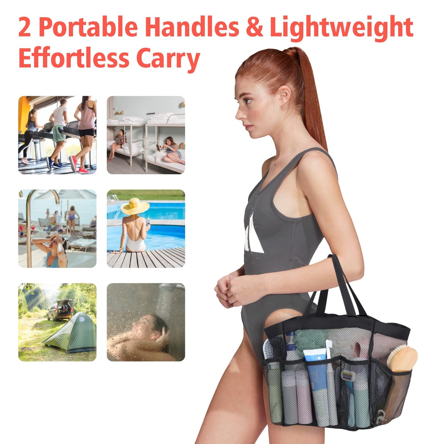 F-color Mesh Shower Caddy – Portable 7-Pocket Quick Dry Tote with S Hook & 2 Handles for Dorm, Gym, Bathroom, Camp – Black