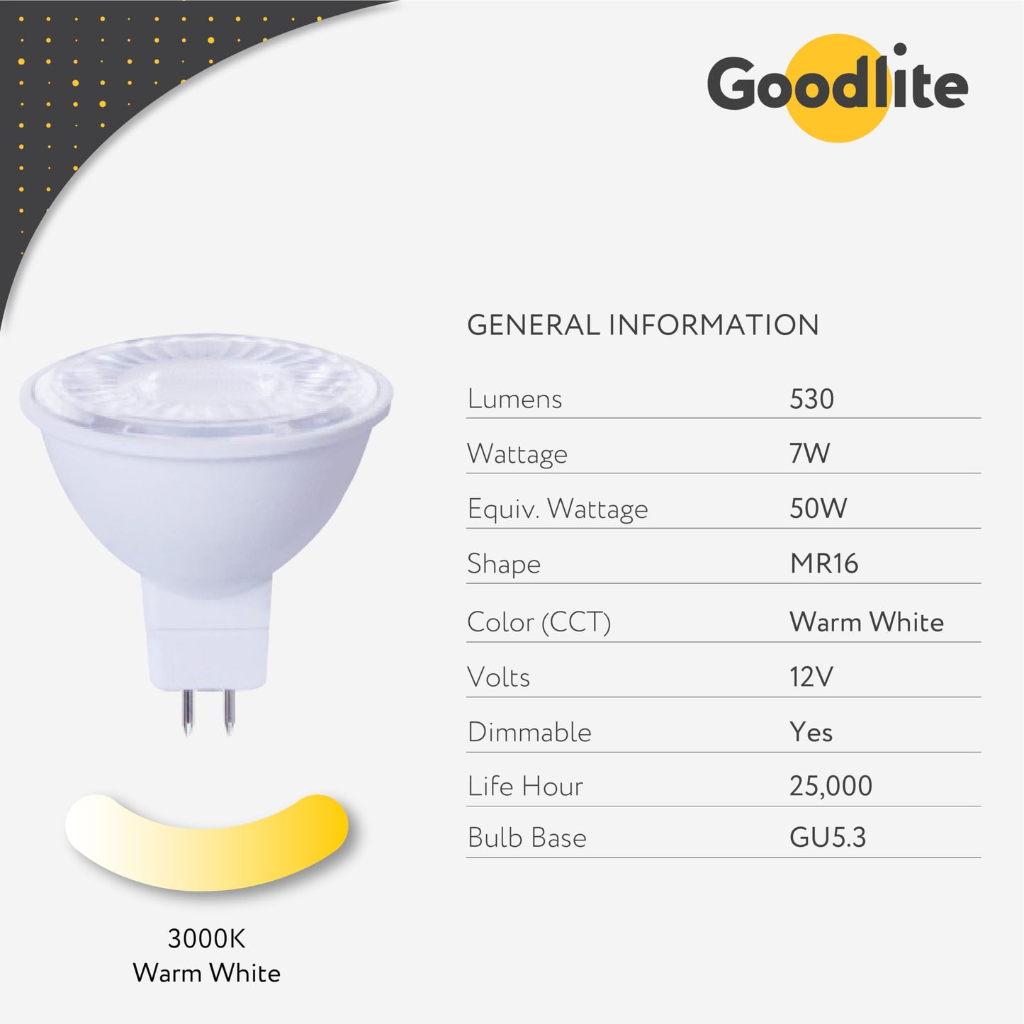 Goodlite G-19894 MR16 LED 7 Watt (50-Watt Replacement), 40° Flood, CRI90+, 550 Lumen, Spot Light Bulb, Dimmable, UL-Listed, Warm White 3000k