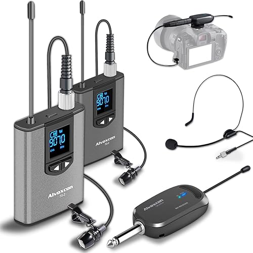 Alvoxcon UHF Dual Channel Wireless Lavalier Microphone System with Volume Control for iPhone, DSLR, PA Speaker, YouTube, Podcast, Video Recording
