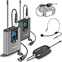Alvoxcon UHF Dual Channel Wireless Lavalier Microphone System with Volume Control for iPhone, DSLR, PA Speaker, YouTube, Podcast, Video Recording