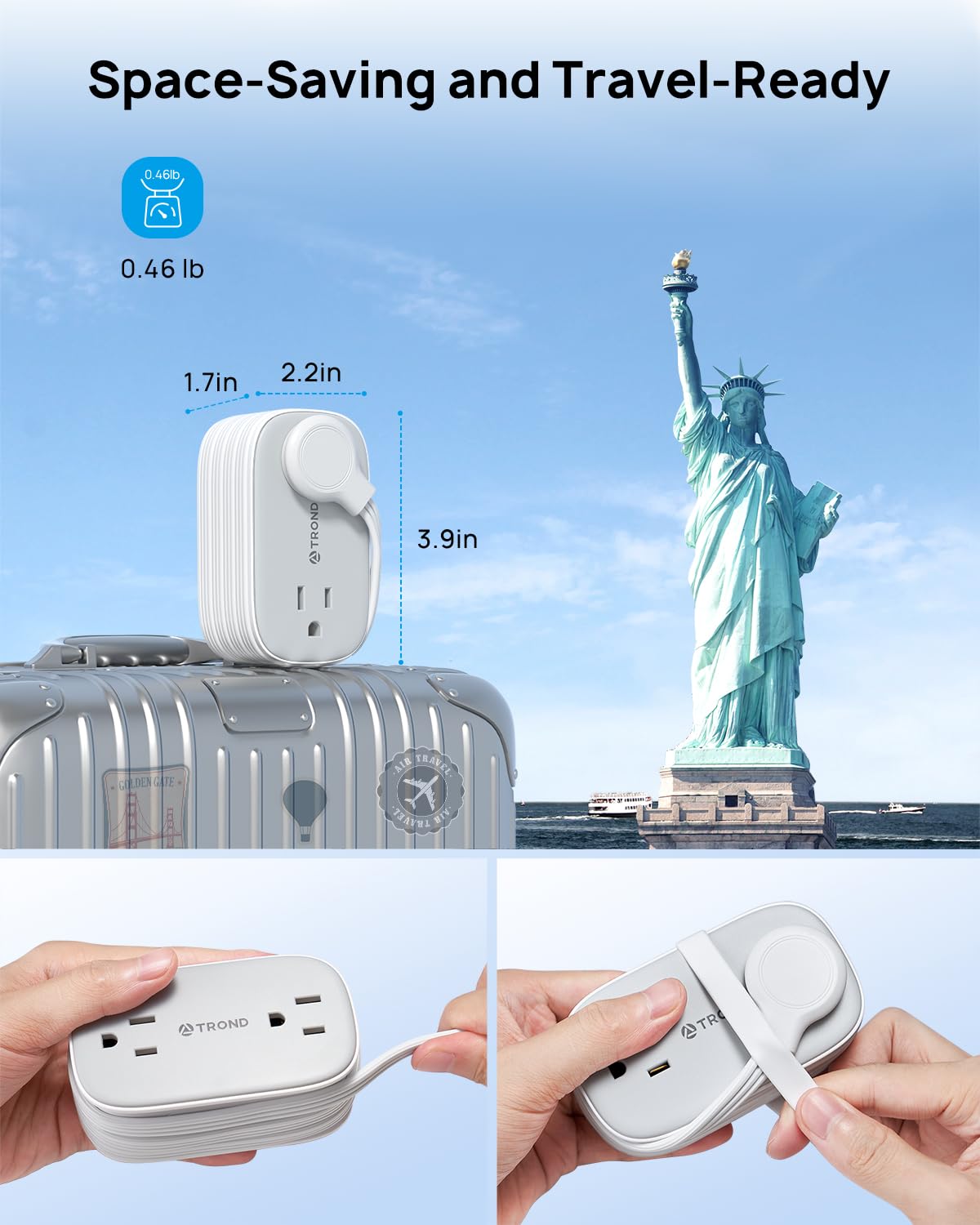 TROND Flat Plug Power Strip: 3.3ft Wrapped Short Extension Cord with 4 Outlets, 4 USB Ports, Small Charging Station, Travel Home Office Cruise Ship
