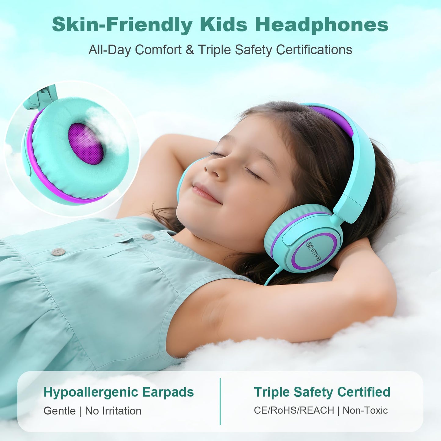 IMYB V1 Kids Headphones, 85dB Safe Volume for School, Toddler 2-12, Adjustable Foldable Durable Wired Cord, iPad Kindle Tablet Chromebook 3.5mm On-Ear
