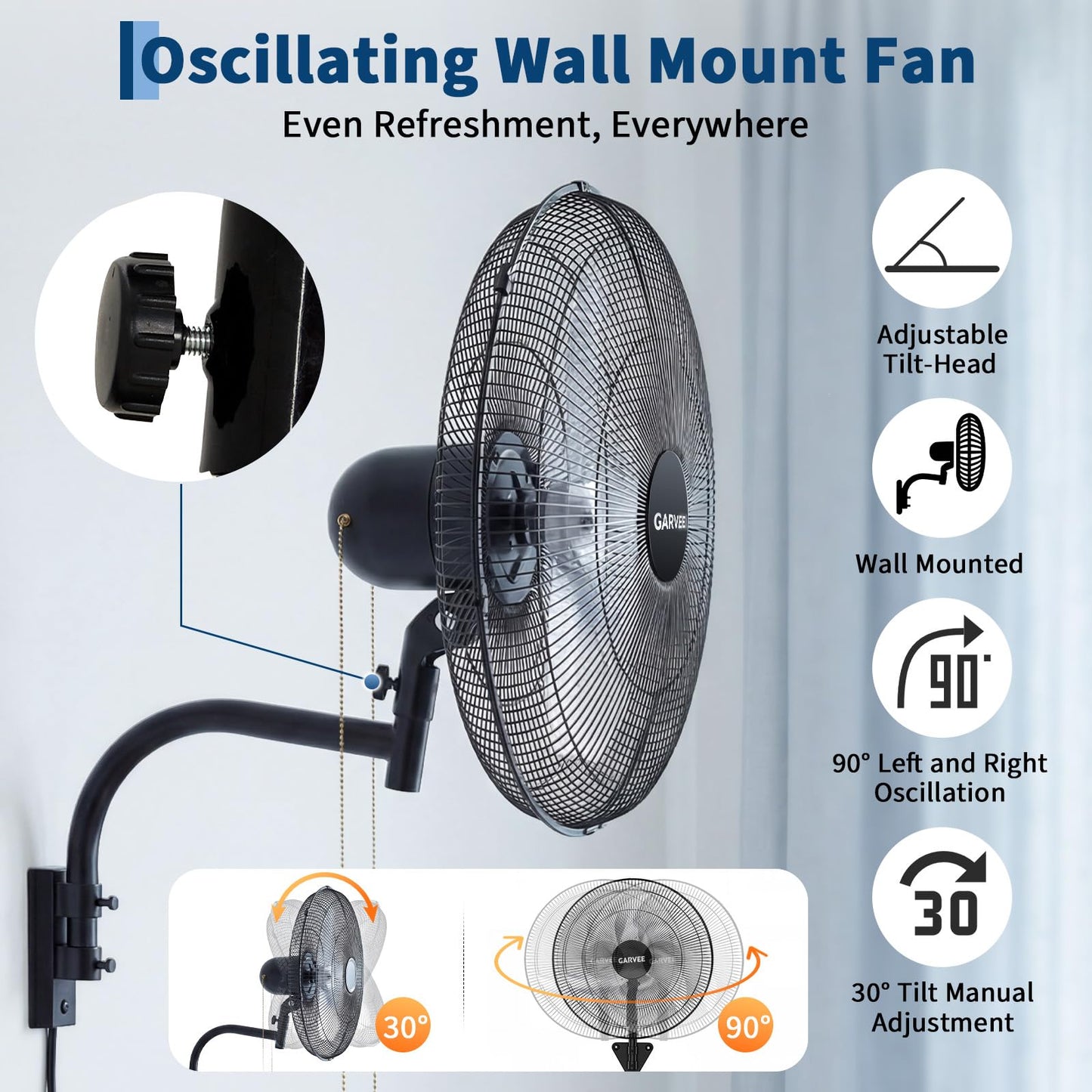 Garvee 20 Inch Oscillating Wall Mount Fan, 3 Speed High Velocity 4800 CFM Industrial Wall Fan, 90° Oscillation & 30° Tilt Cooling,Wall Fan for Home