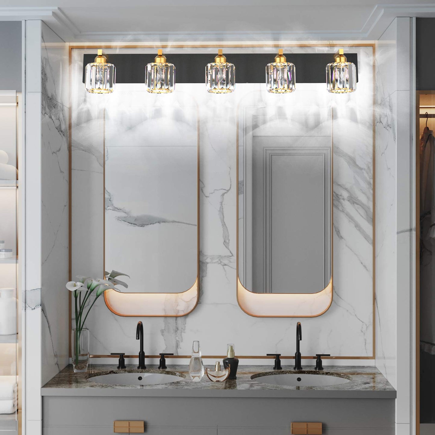 Aipsun Crystal Bathroom Vanity Light Black Vanity Lighting fixtures 5 Lights Crystal Vanity Light for Bathroom(Exclude Bulb)